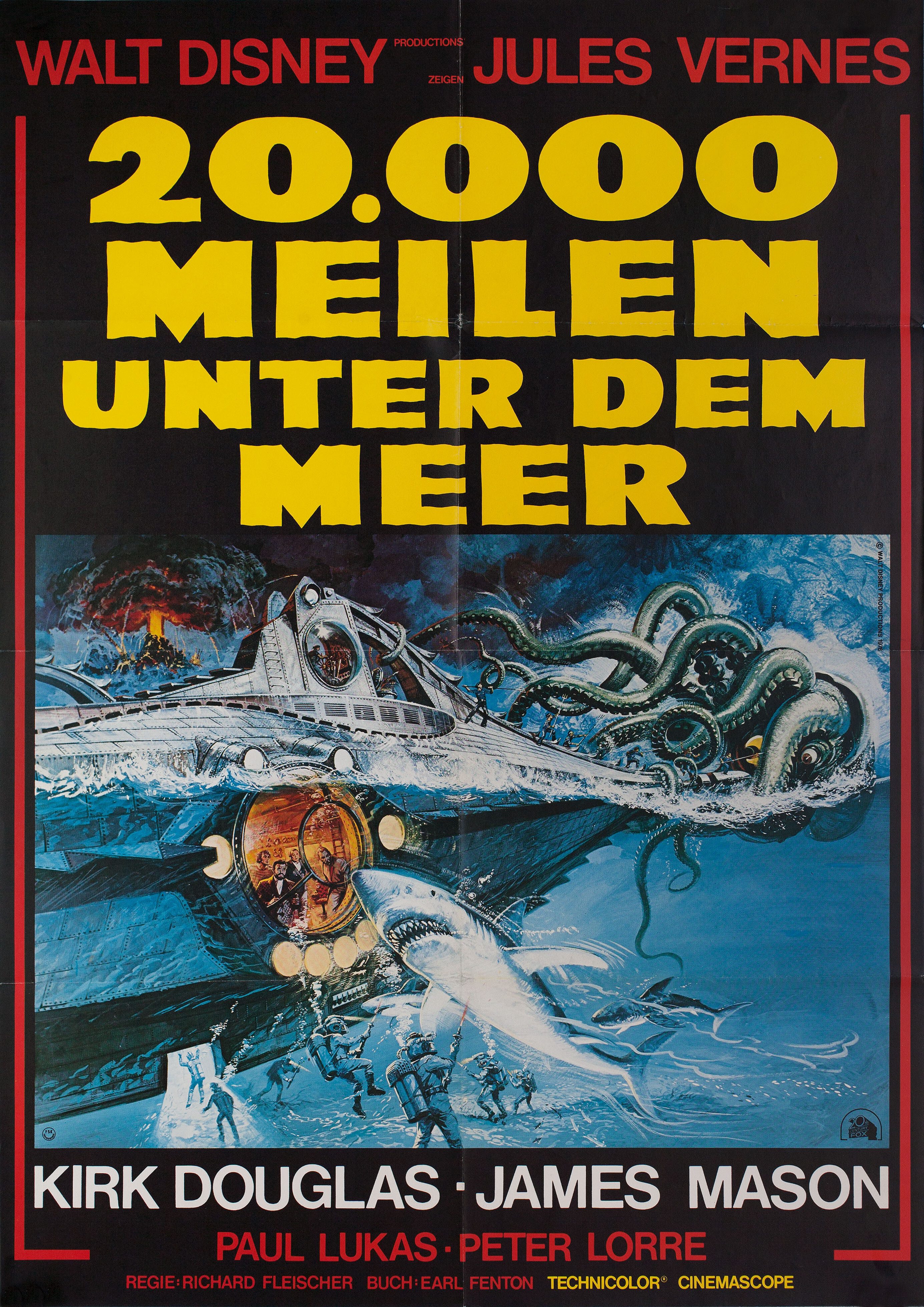 20 000 лье под водой (20,000 Leagues Under the Sea, 1954), режиссёр Ричард Флейшер, иллюстрированный постер к фильму (Германия, 1976 год)