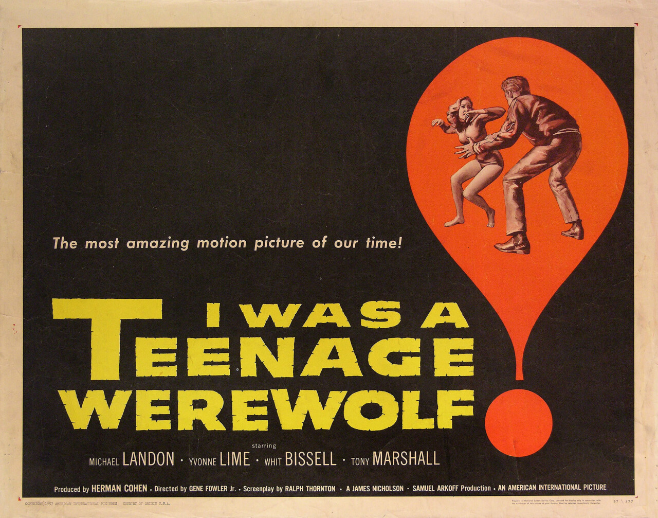 Я был подростком-оборотнем (I Was a Teenage Werewolf, 1957), режиссёр Джин Фаулер мл., американский постер к фильму, автор Рейнольд Браун (графический дизайн, 1957 год)