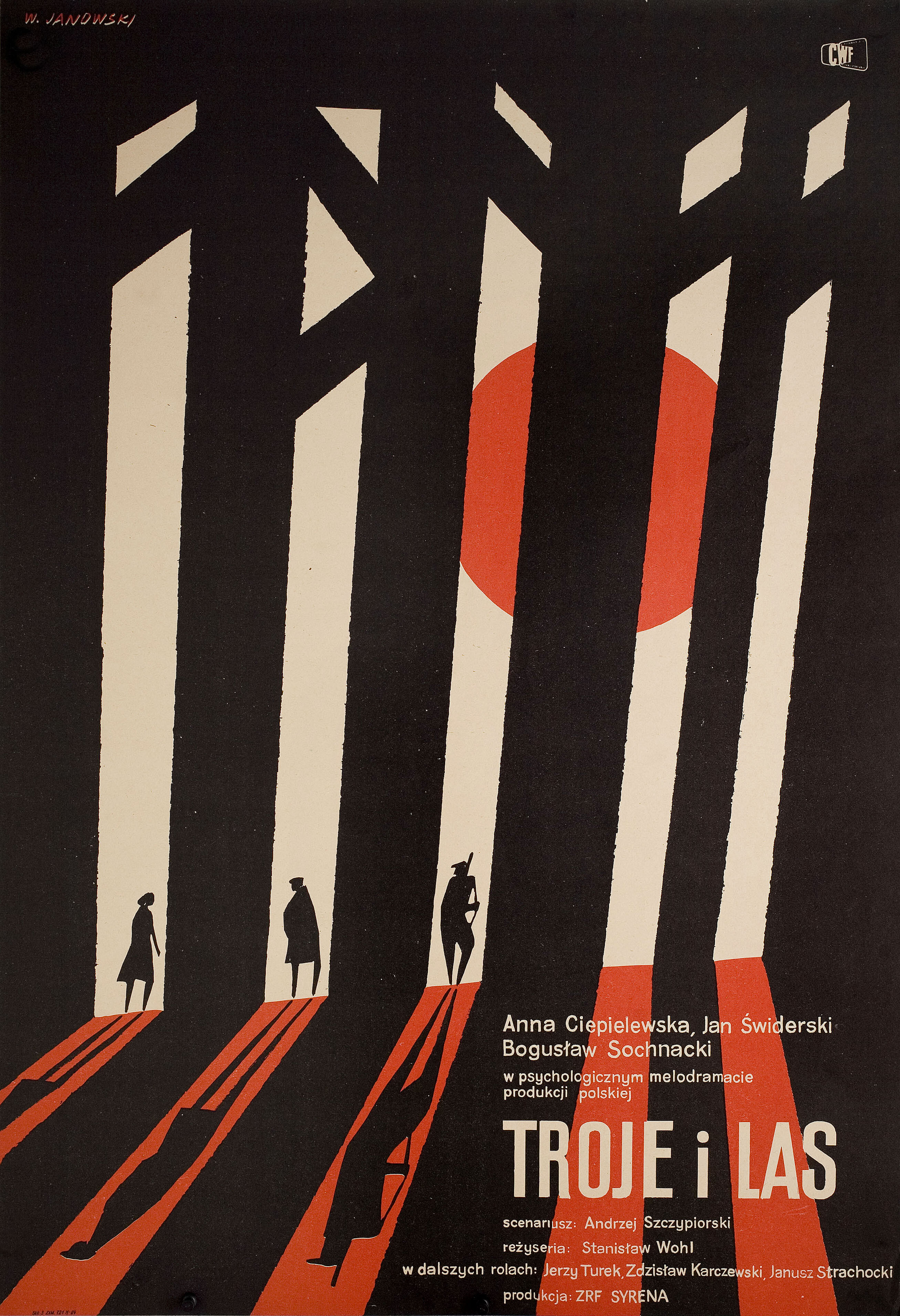 Трое и лес (Three and the Forest, 1963), режиссёр Станислав Воль, польский постер к фильму, автор Витольд Яновский (графический дизайн, 1963 год)