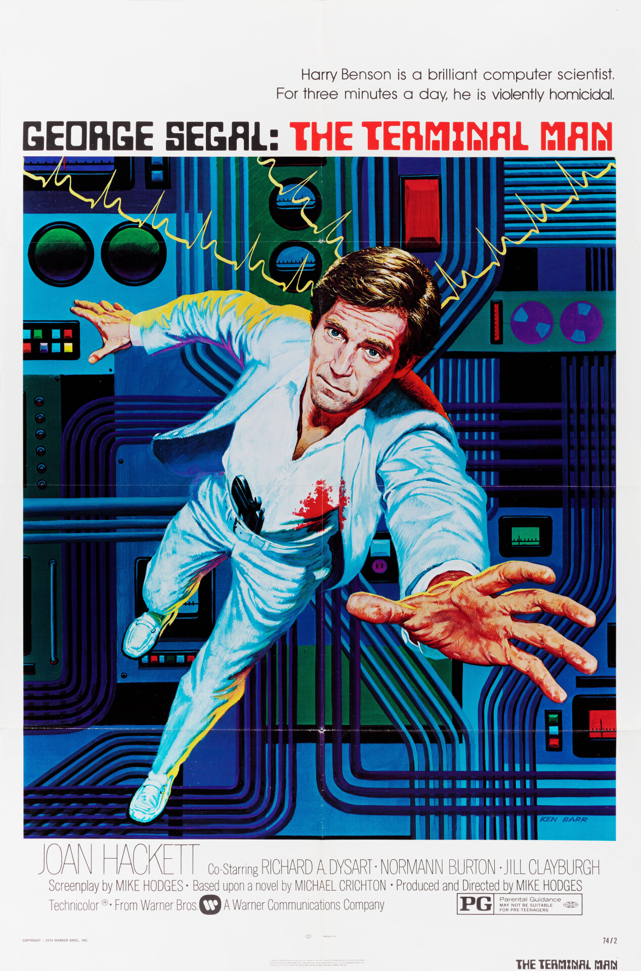Человек, несущий смерть (The Terminal Man, 1974), режиссёр Майк Ходжес, американский постер к фильму, автор Кен Барр (графический дизайн, 1974 год)