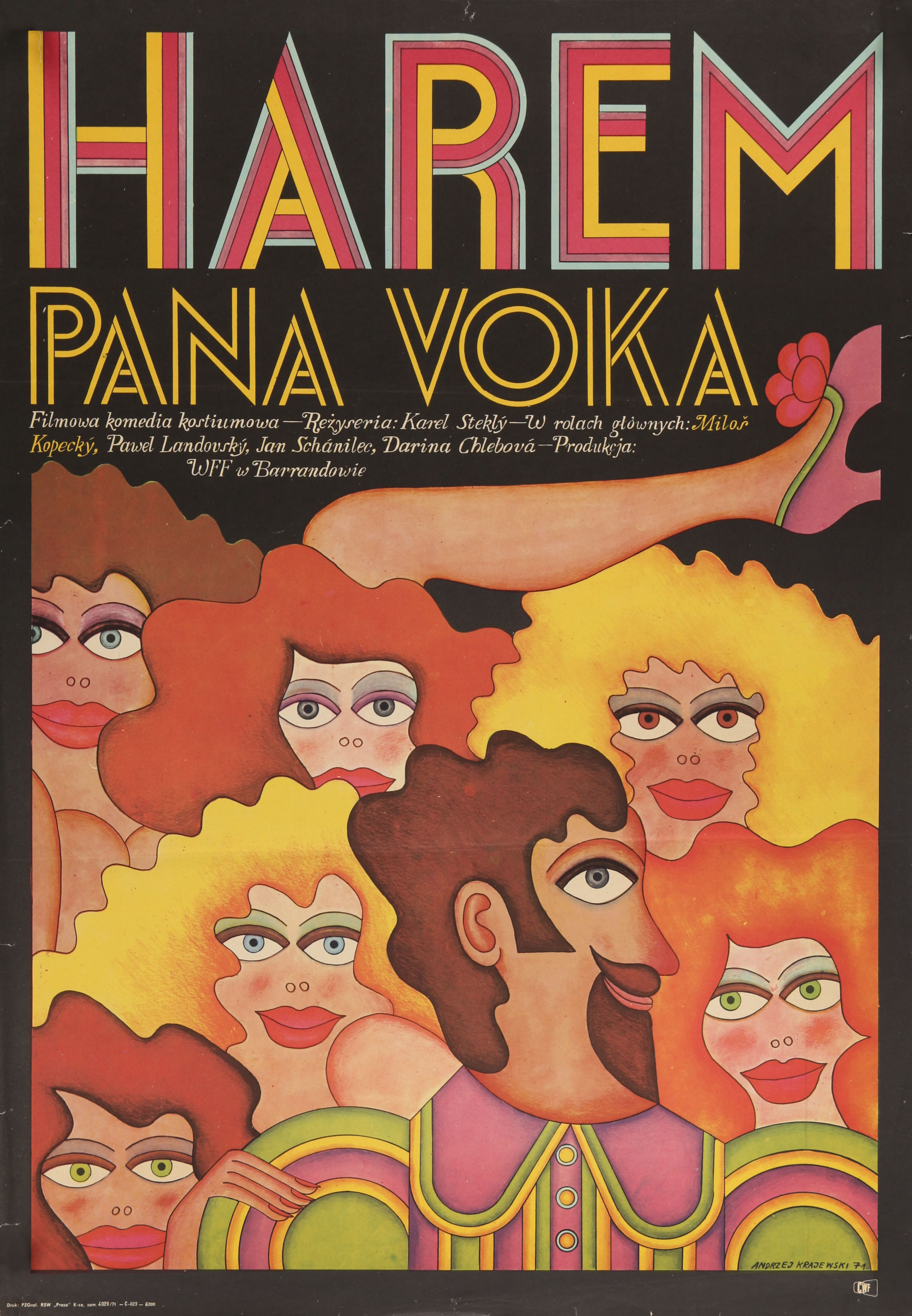 Свадьбы пана Вока (Svatby pana Voka, 1971), режиссёр Карел Стекли, польский постер к фильму, автор Анджей Краевский (графический дизайн, 1971 год)