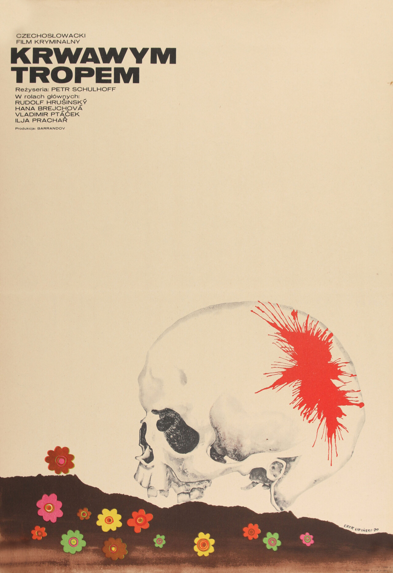По кровавым следам (Po stopach krve, 1970), режиссёр Петр Шульхофф, польский постер к фильму, автор Эрик Липински (графический дизайн, 1970 год)