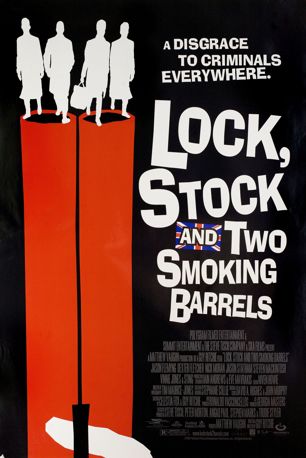 Карты, деньги, два ствола (Lock, Stock and Two Smoking Barrels, 1998), режиссёр Гай Ричи, американский постер к фильму (графический дизайн, 1998 год)