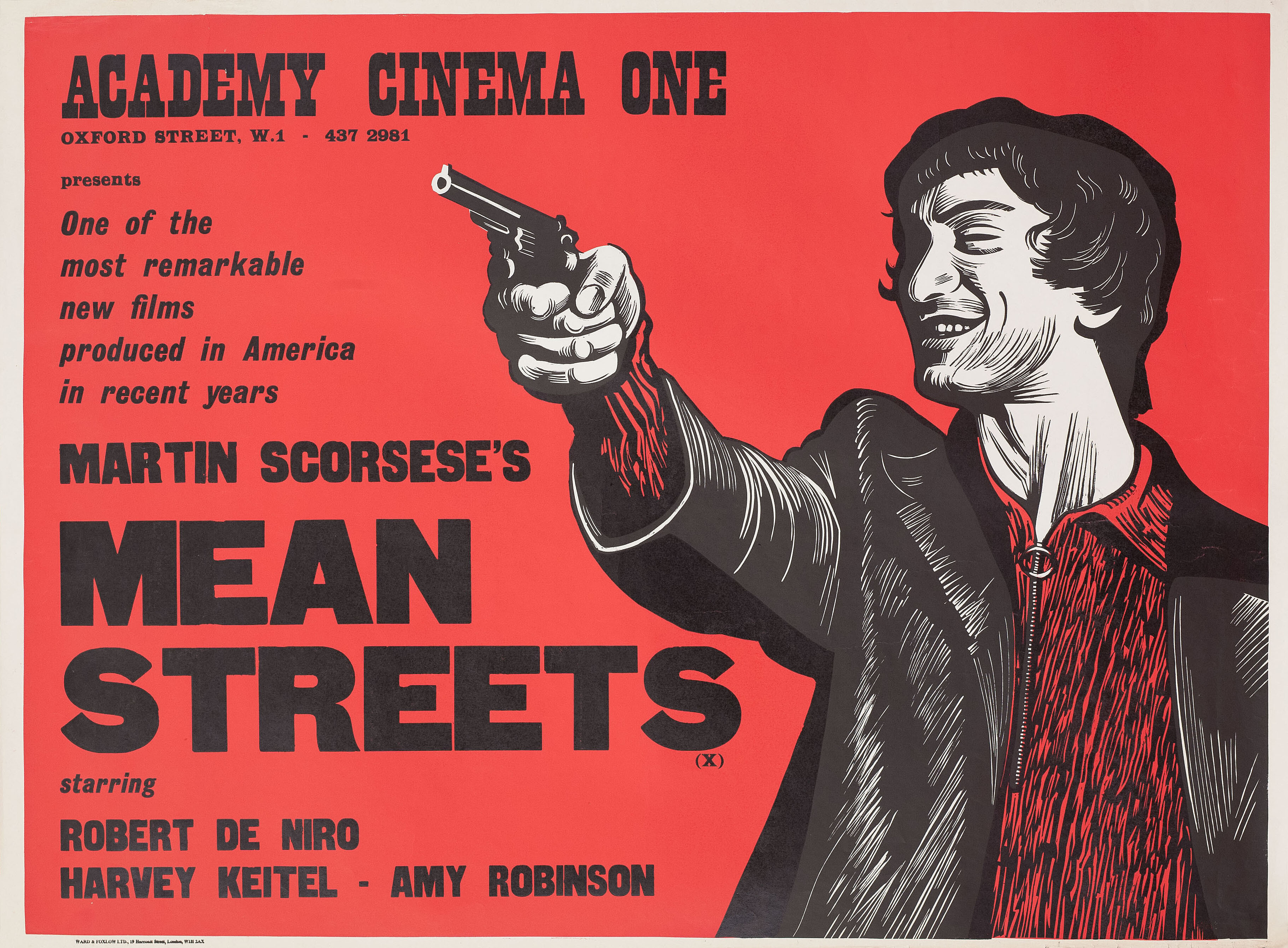 Злые улицы (Mean Streets, 1973), режиссёр Мартин Скорсезе, британский постер к фильму, автор Питер Штраусфельд (графический дизайн, 1977 год)