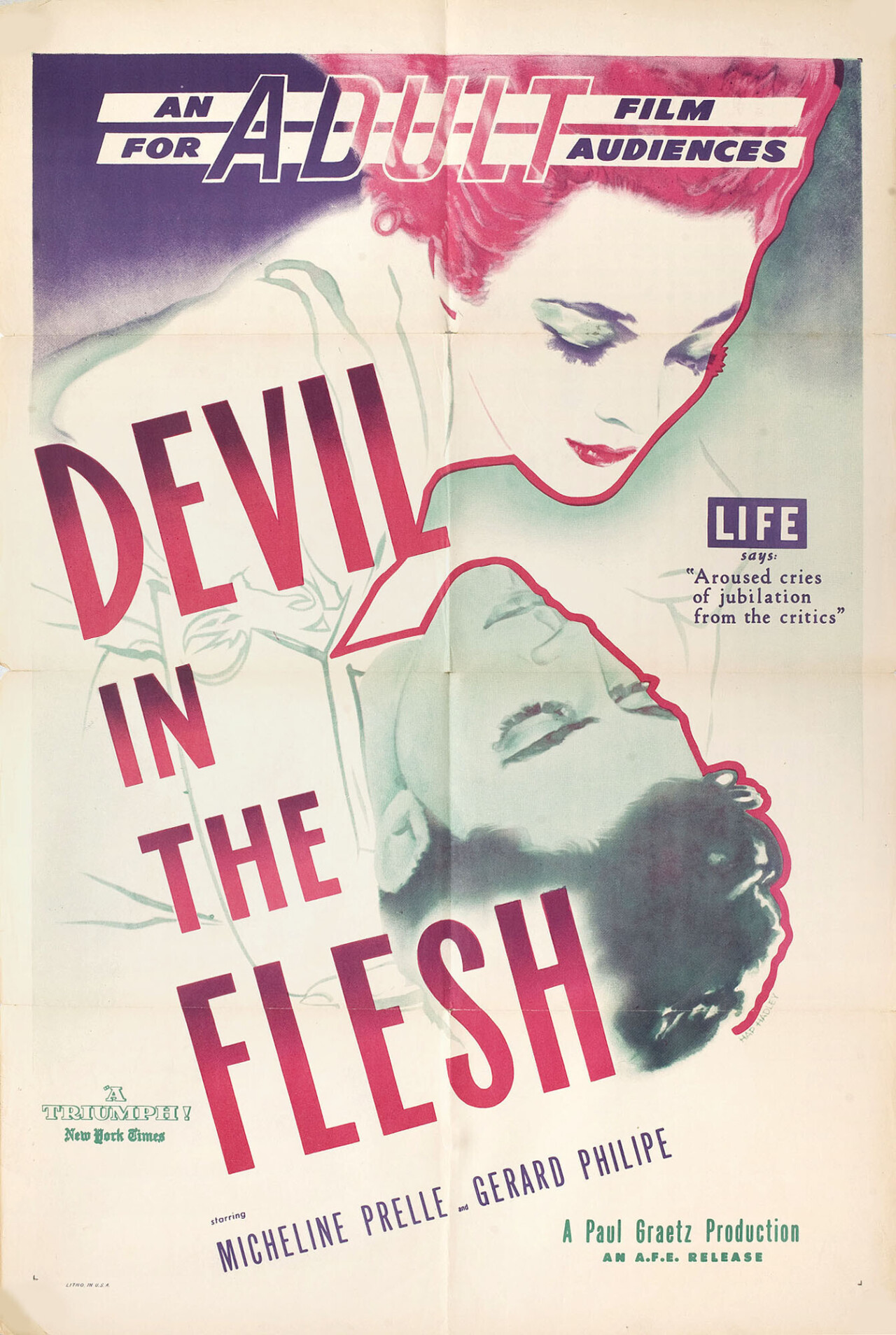 Дьявол во плоти (Devil in the Flesh, 1947), режиссёр Клод Отан-Лара, американский постер к фильму, автор Хэп Хэдли (графический дизайн, 1948 год)