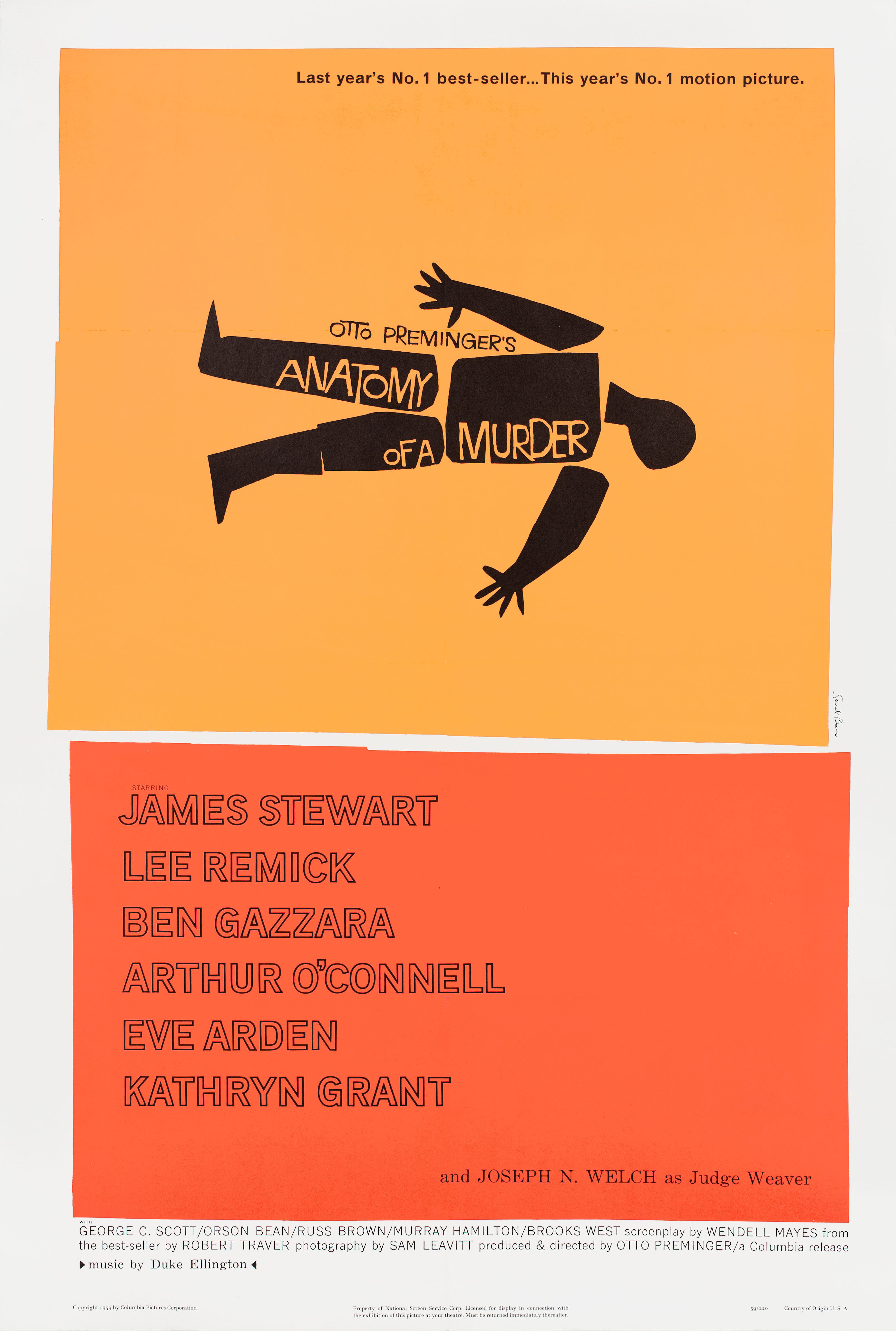 Анатомия убийства (Anatomy of a Murder), 1959 год, режиссёр Отто Премингер, американский постер к фильму, автор Сол Басс (графический дизайн, 1959 год)_1