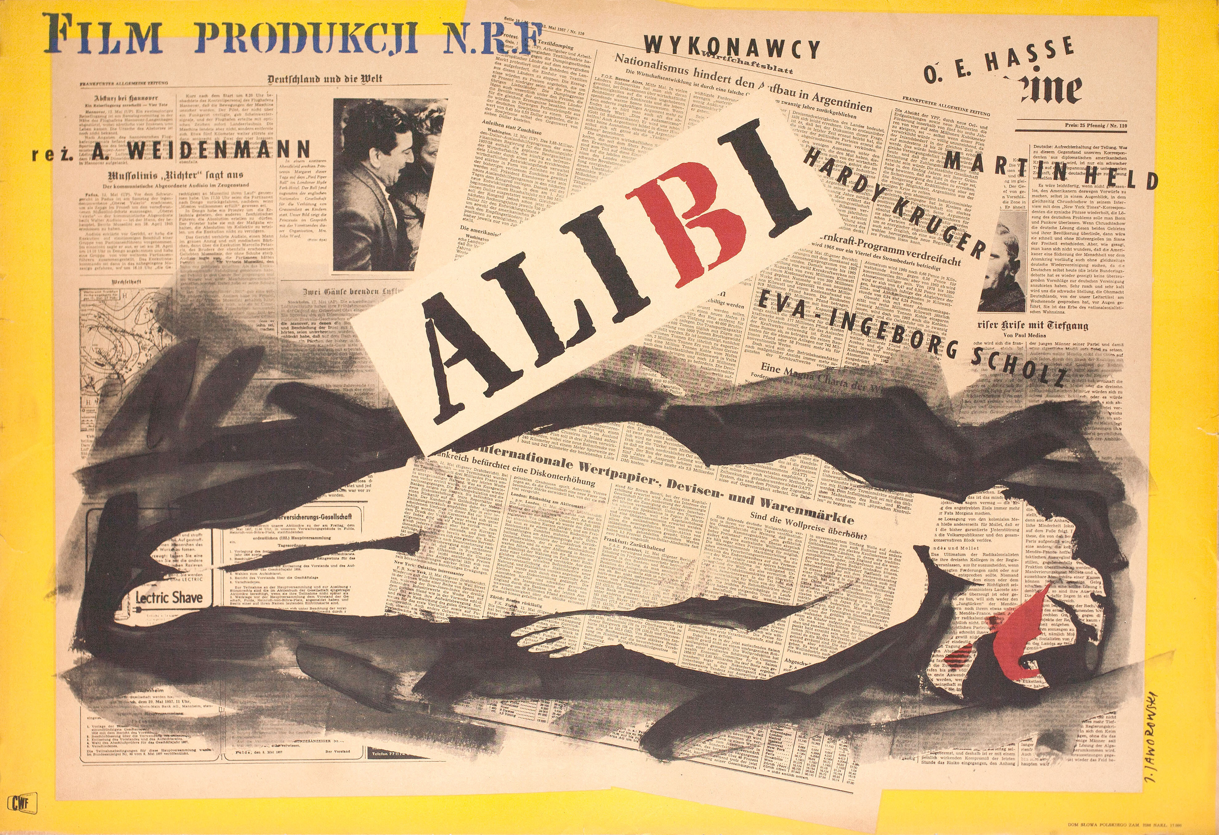 Алиби, (Alibi 1955), режиссёр Альфред Вайденманн, польский постер к фильму, автор Ежи Яворовский (графический дизайн, 1957 год)