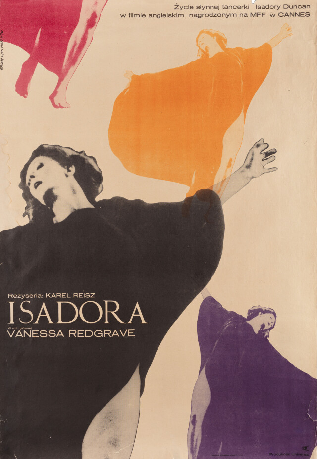 Любовники Айседоры, (Isadora 1968), режиссёр Карел Рейш, польский постер к фильму, автор Эрик Липински (графический дизайн, 1970 год)