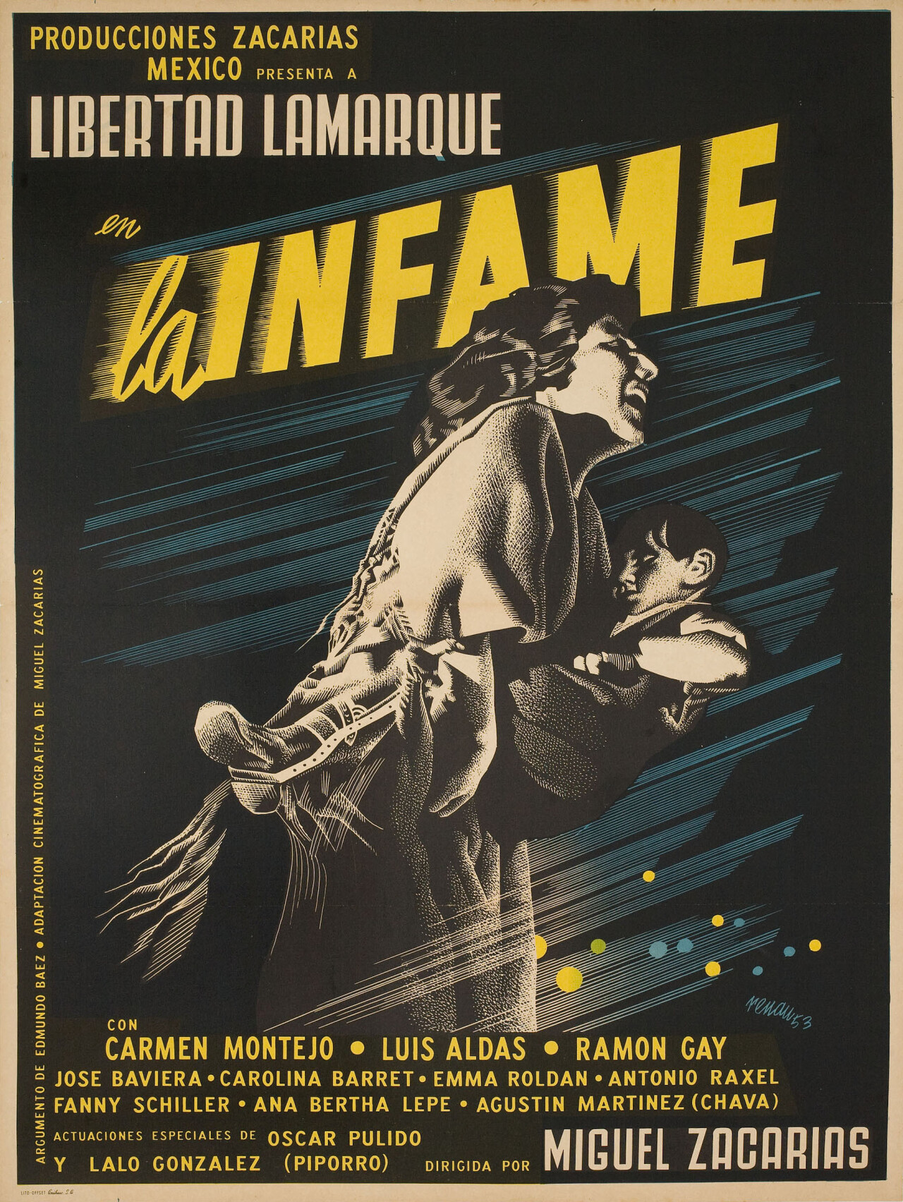 Печально известная (La infame), 1954 год, режиссёр Мигель Сакариас, мексиканский постер к фильму, автор Жозеп Ренау (графический дизайн, 1954 год)