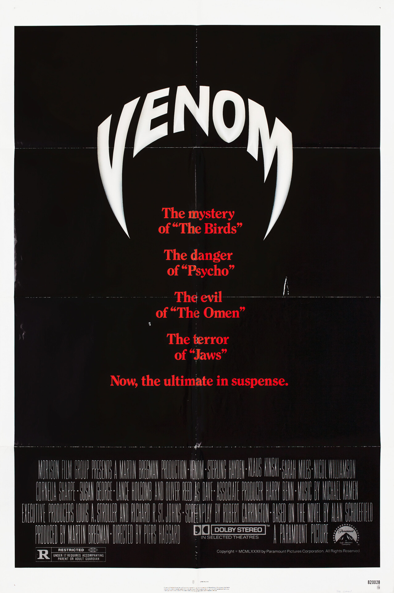 Змеиный яд (Venom, 1981), режиссёр Пьерс Хаггард, американский постер к фильму (ужасы, 1982 год)