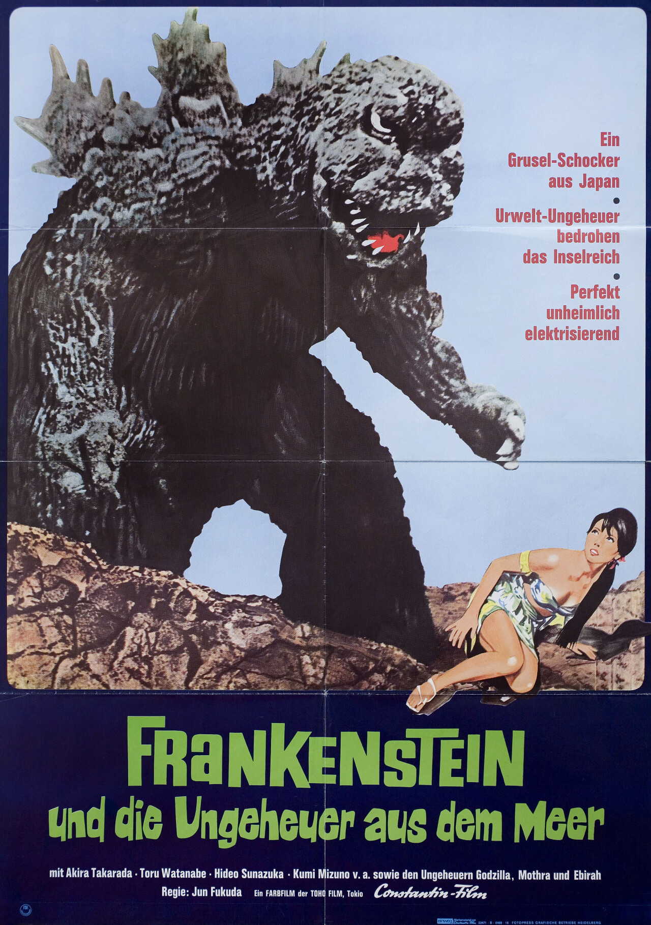 Годзилла против Морского монстра (Ebirah, Horror of the Deep, 1966), режиссёр Дзюн Фукуда, немецкий (ФРГ) постер к фильму (монстры, 1966 год)