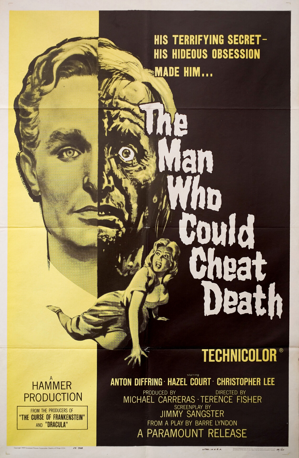 Человек, обманувший смерть (The Man Who Could Cheat Death, 1959), режиссёр Теренс Фишер, американский постер к фильму (Hummer horror, 1959 год)
