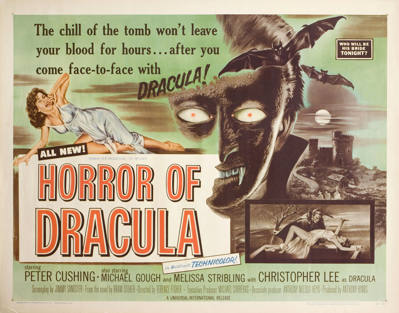 Ужас Дракулы (Horror of Dracula, 1958), режиссёр Теренс Фишер, американский постер к фильму, автор Джозеф Смит (Hummer horror, 1958 год)