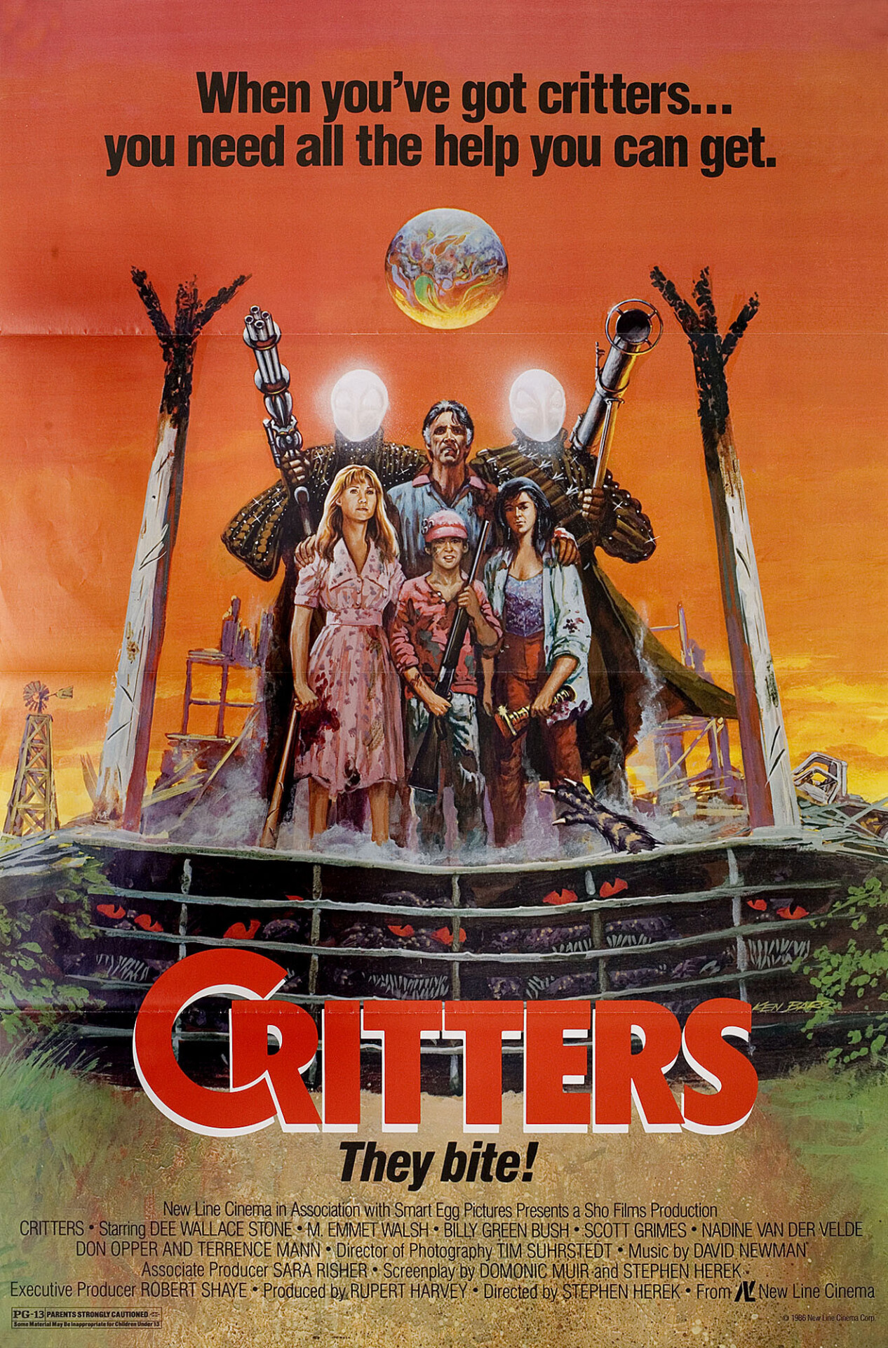 Зубастики (Critters, 1986), режиссёр Стивен Херек, американский постер к фильму, автор Кен Барр (ужасы, 1986 год)