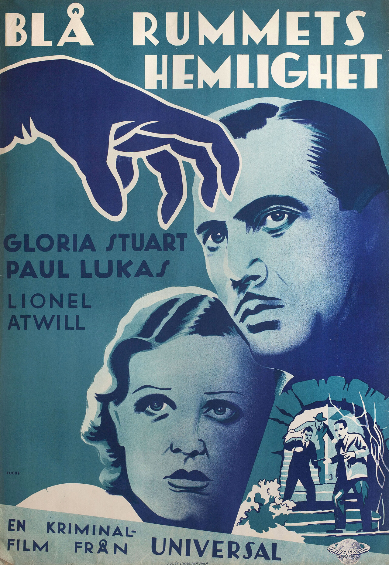 Тайна Голубой комнаты (Secret of the Blue Room, 1933), режиссёр Курт Нойманн, шведский постер к фильму, автор Уолтер Фукс (ужасы, 1933 год)