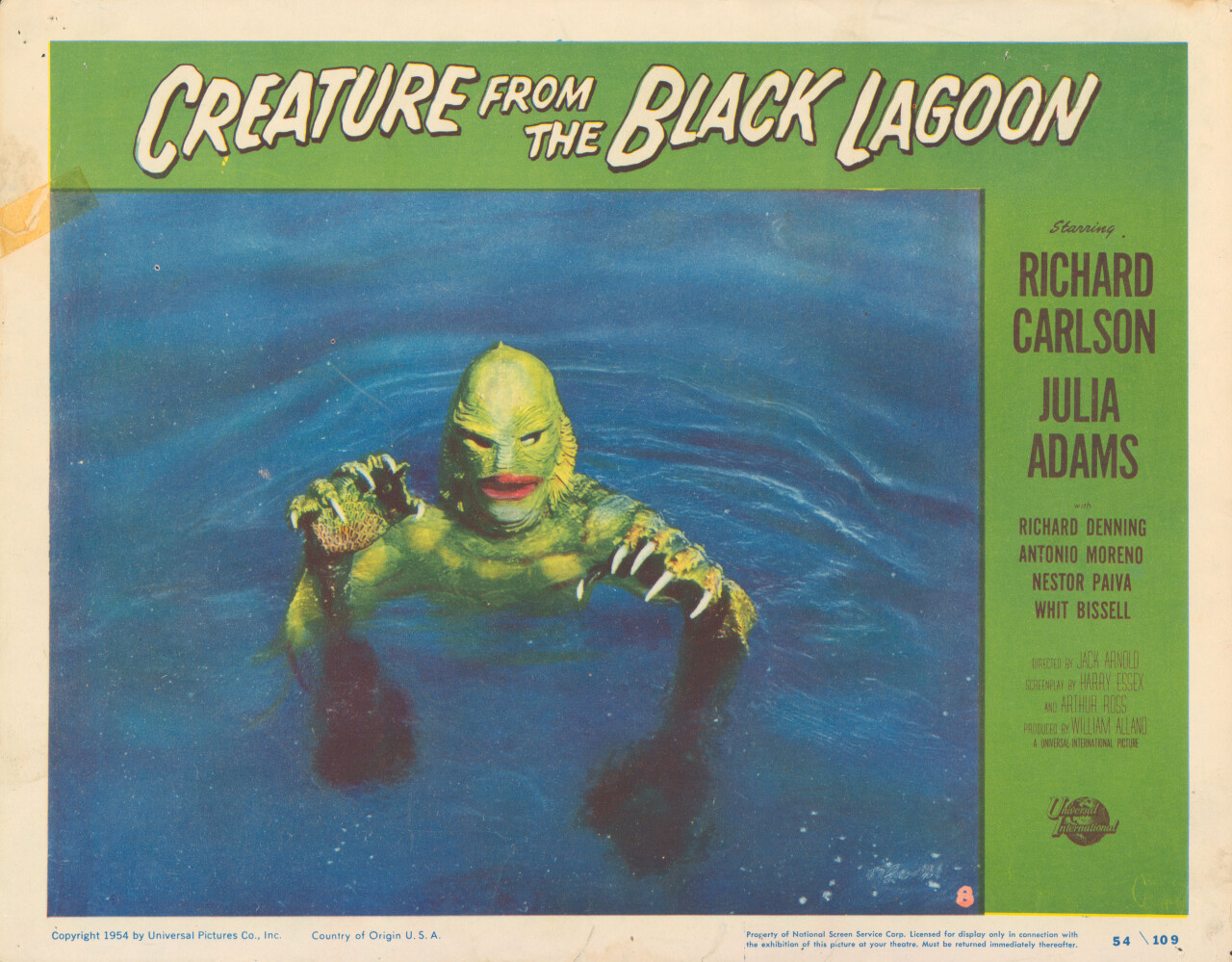 Тварь из Чёрной лагуны (Creature from the Black Lagoon, 1954), режиссёр Джек Арнольд, американский постер к фильму (монстры, 1954 год)