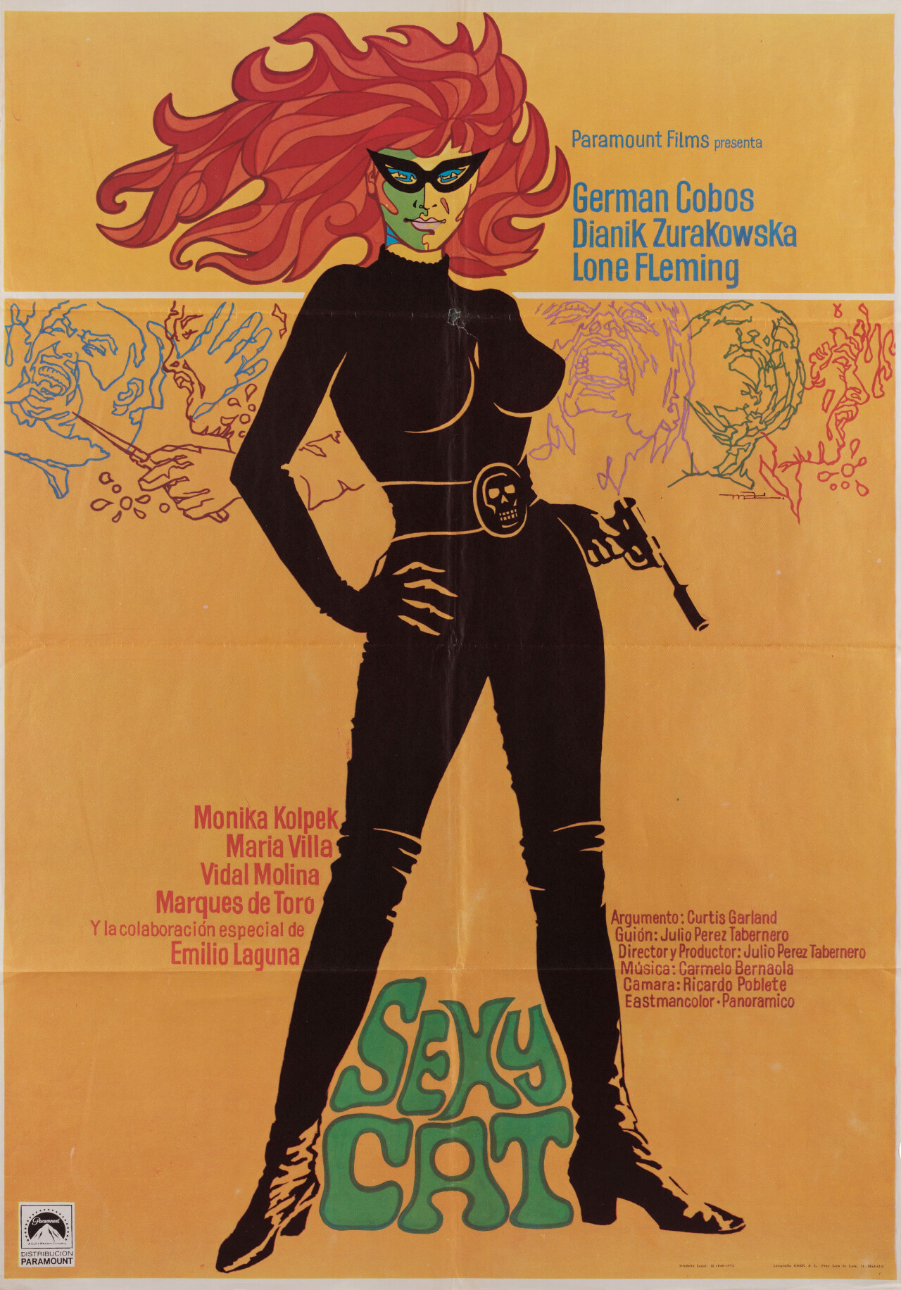Сексуальная кошка (Sexy Cat, 1973), режиссёр Хулио Перес Табернеро, испанский постер к фильму, автор Макарио МакГомез (ужасы, 1973 год)