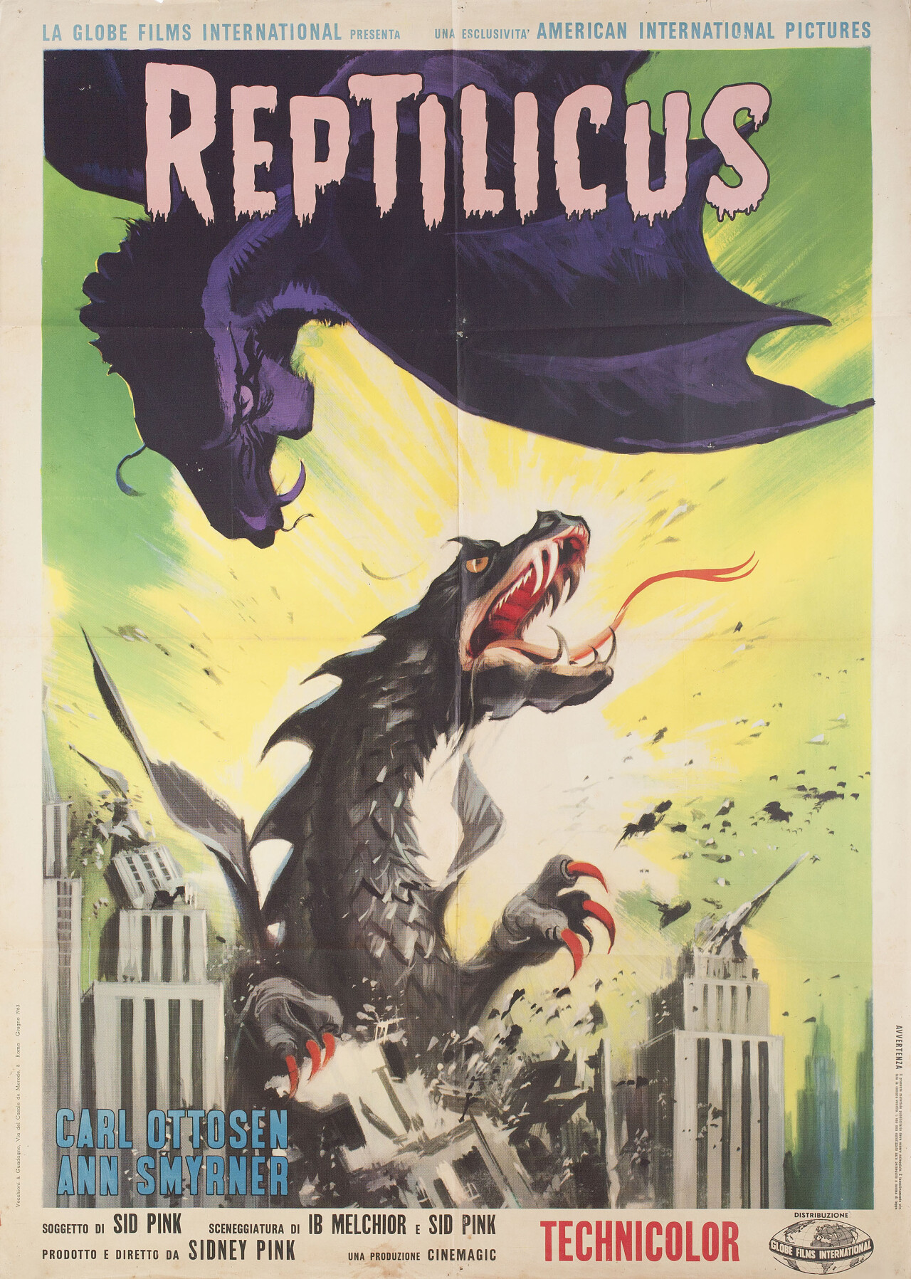 Рептиликус (Reptilicus, 1961), режиссёр Сидни В. Пинк, итальянский постер к фильму (монстры, 1963 год)