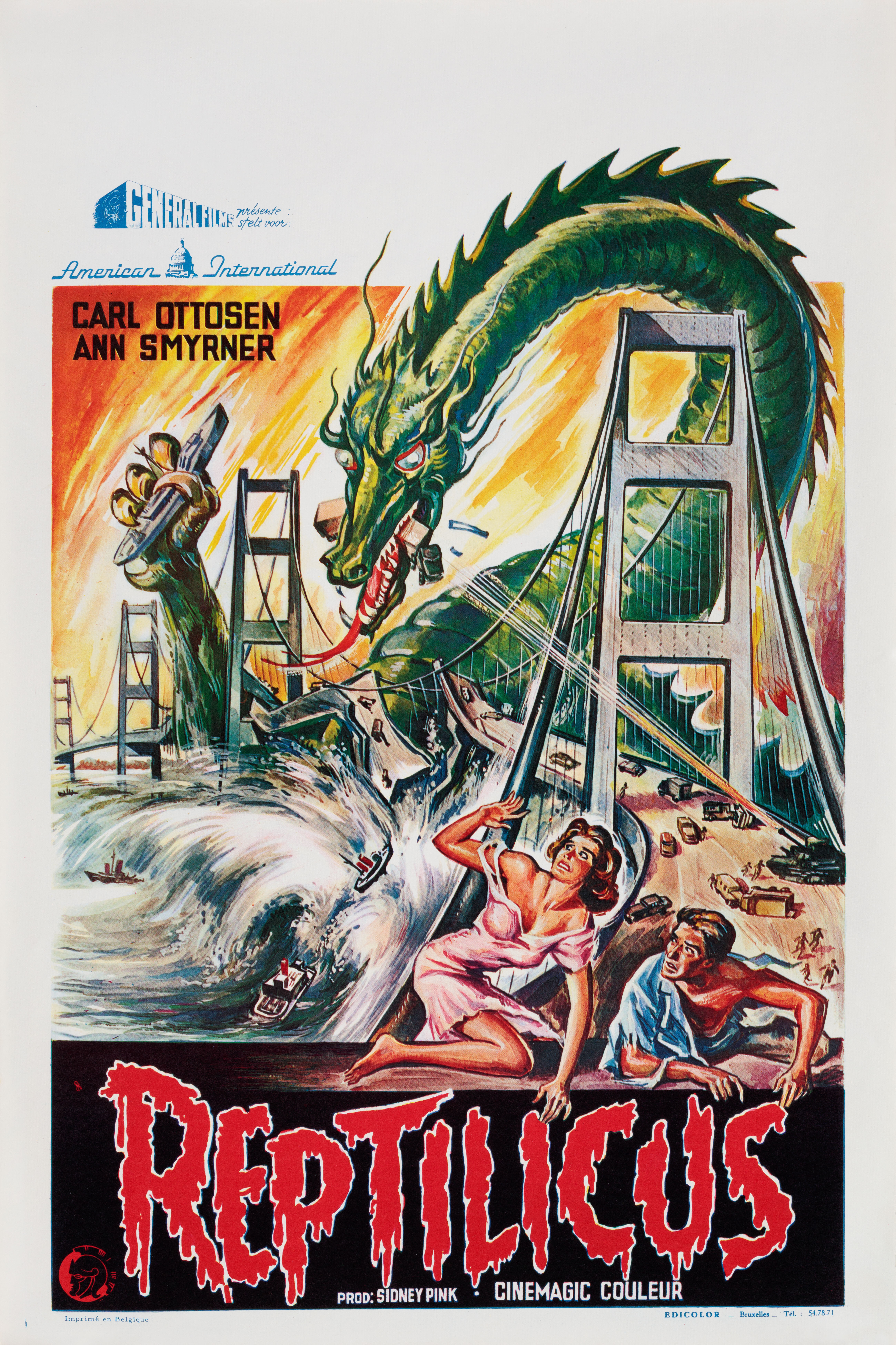 Рептиликус (Reptilicus, 1961), режиссёр Сидни В. Пинк, бельгийский постер к фильму (ужасы, 1962 год)