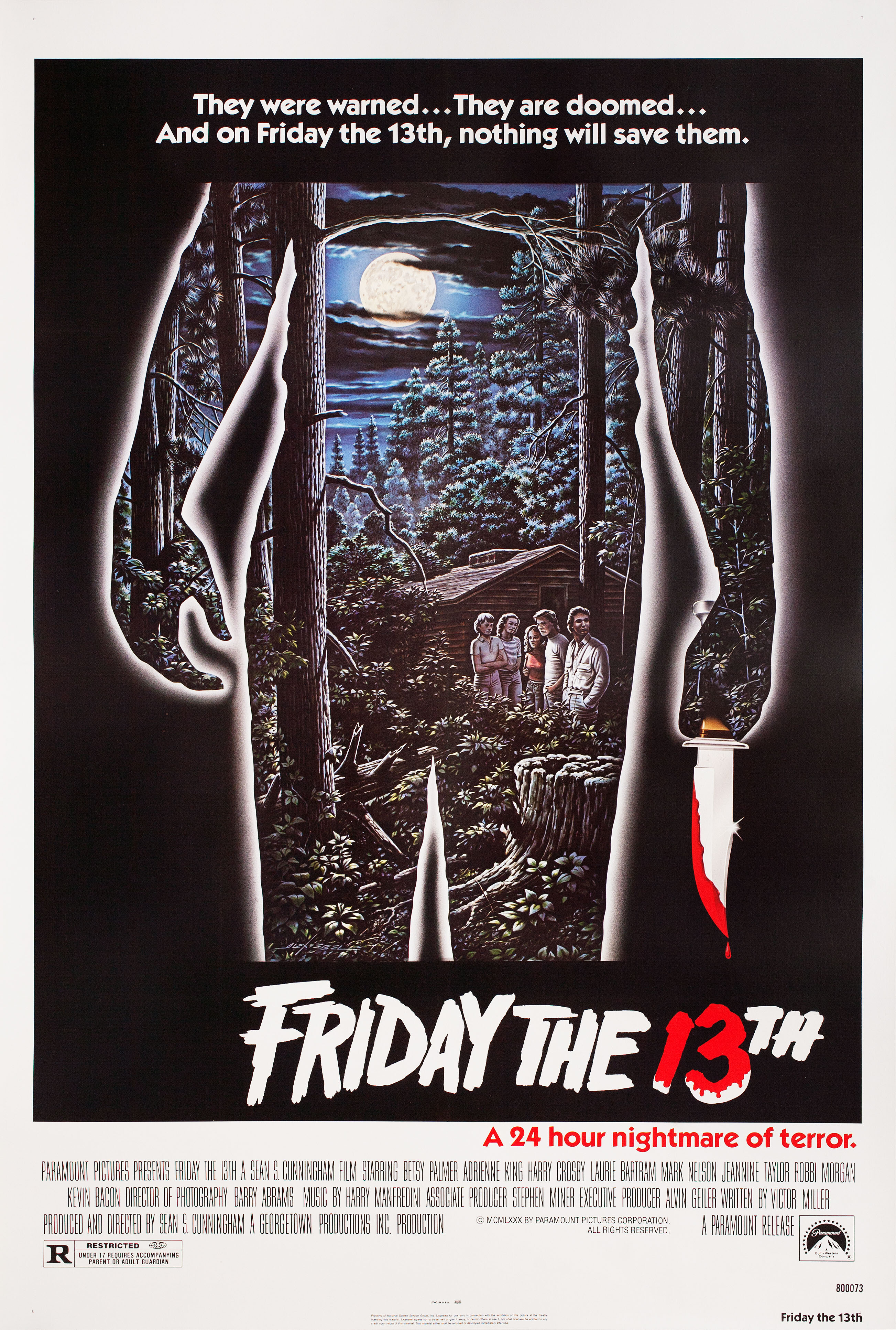 Пятница 13-е (Friday the 13th, 1980), режиссёр Шон С. Каннингем, американский постер к фильму, автор Алекс Эбель (ужасы, 1980 год)