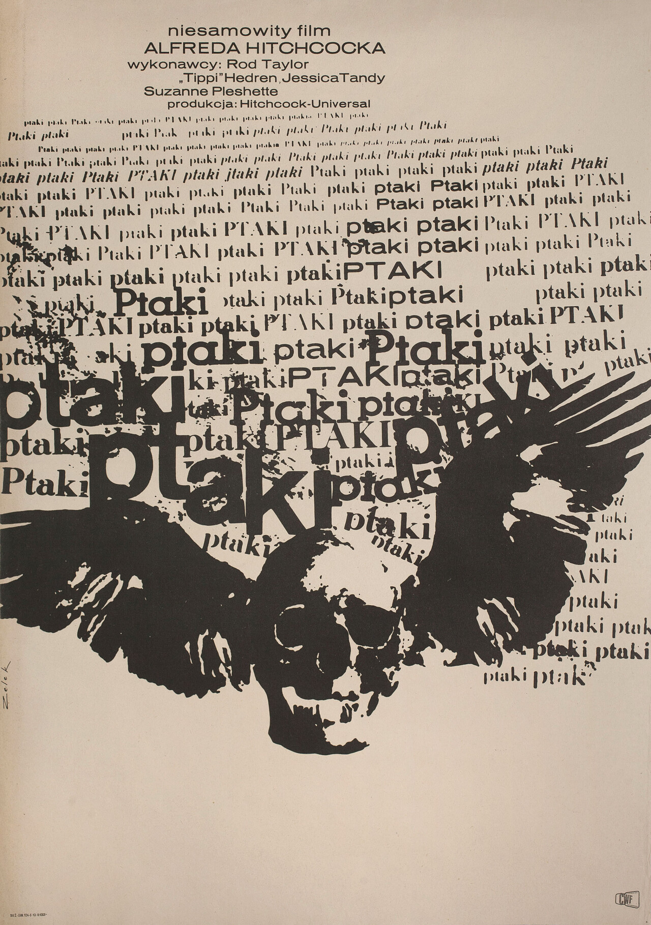 Птицы (The Birds, 1963), режиссёр Альфред Хичкок, польский постер к фильму, автор Бронислав Зелек (ужасы, 1963 год)