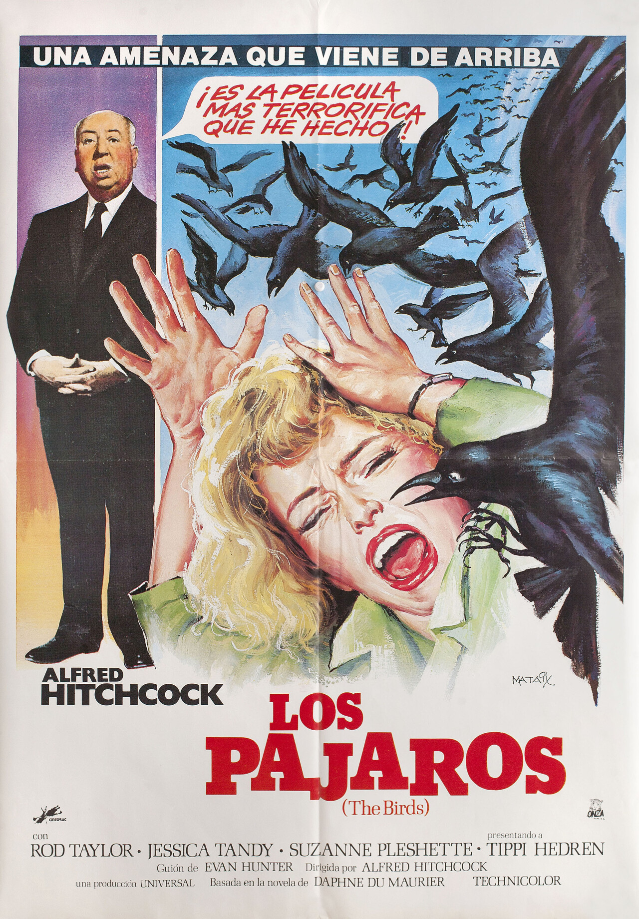 Птицы (The Birds, 1963), режиссёр Альфред Хичкок, испанский постер к фильму, автор Матэ (ужасы, 1984 год)