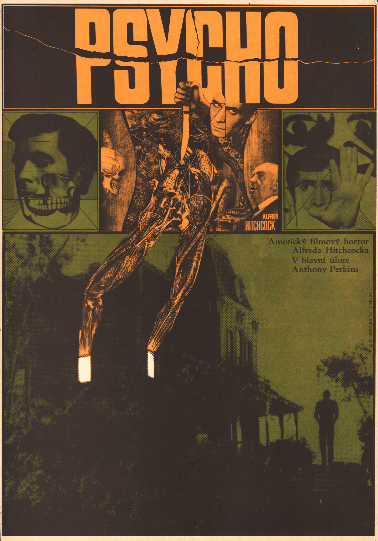 Психо (Psycho, 1960), режиссёр Альфред Хичкок, чехословацкий постер к фильму, автор Зденек Циглер (ужасы, 1970 год)