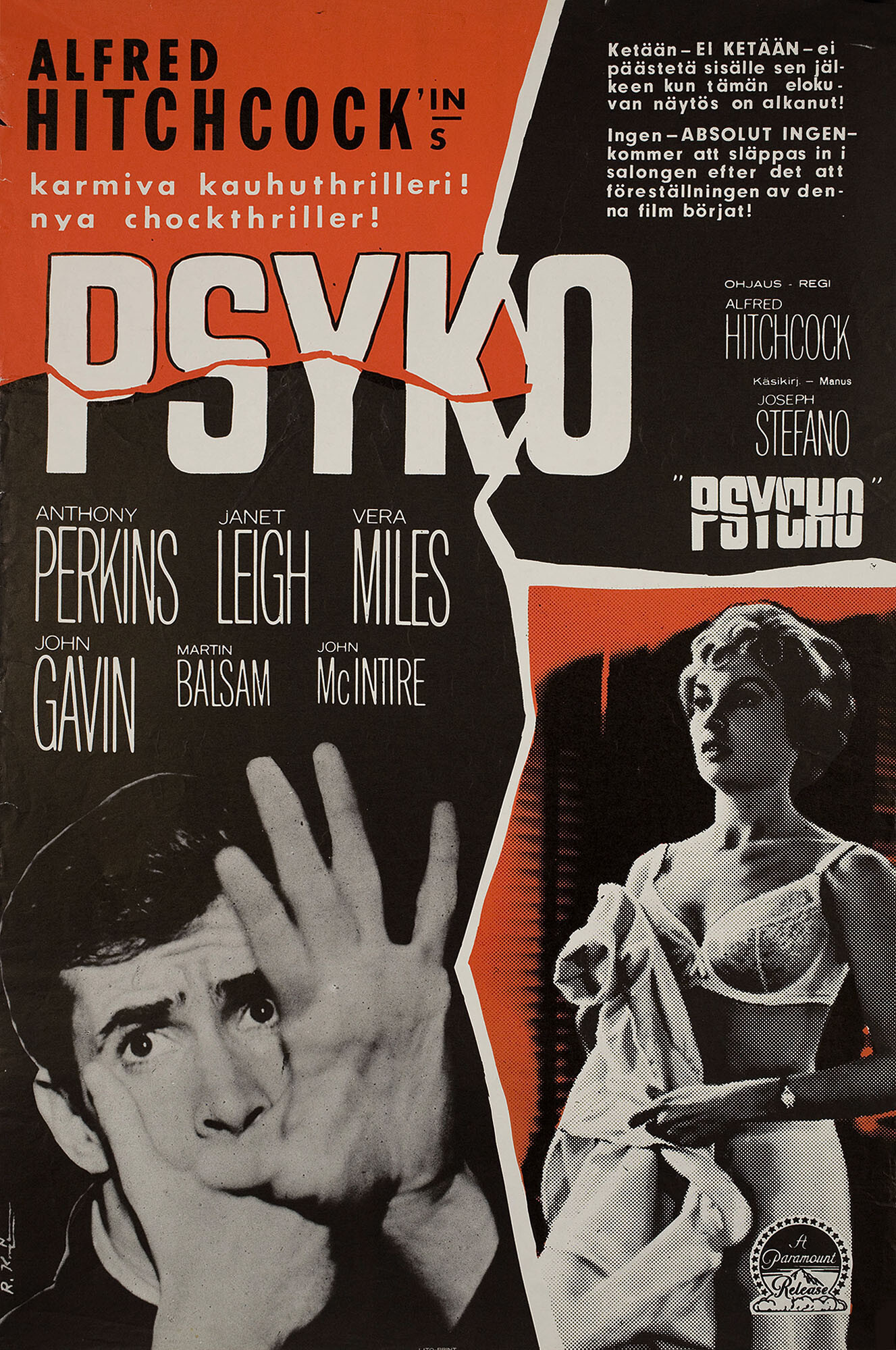 Психо (Psycho, 1960), режиссёр Альфред Хичкок, финский постер к фильму (ужасы, 1971 год)