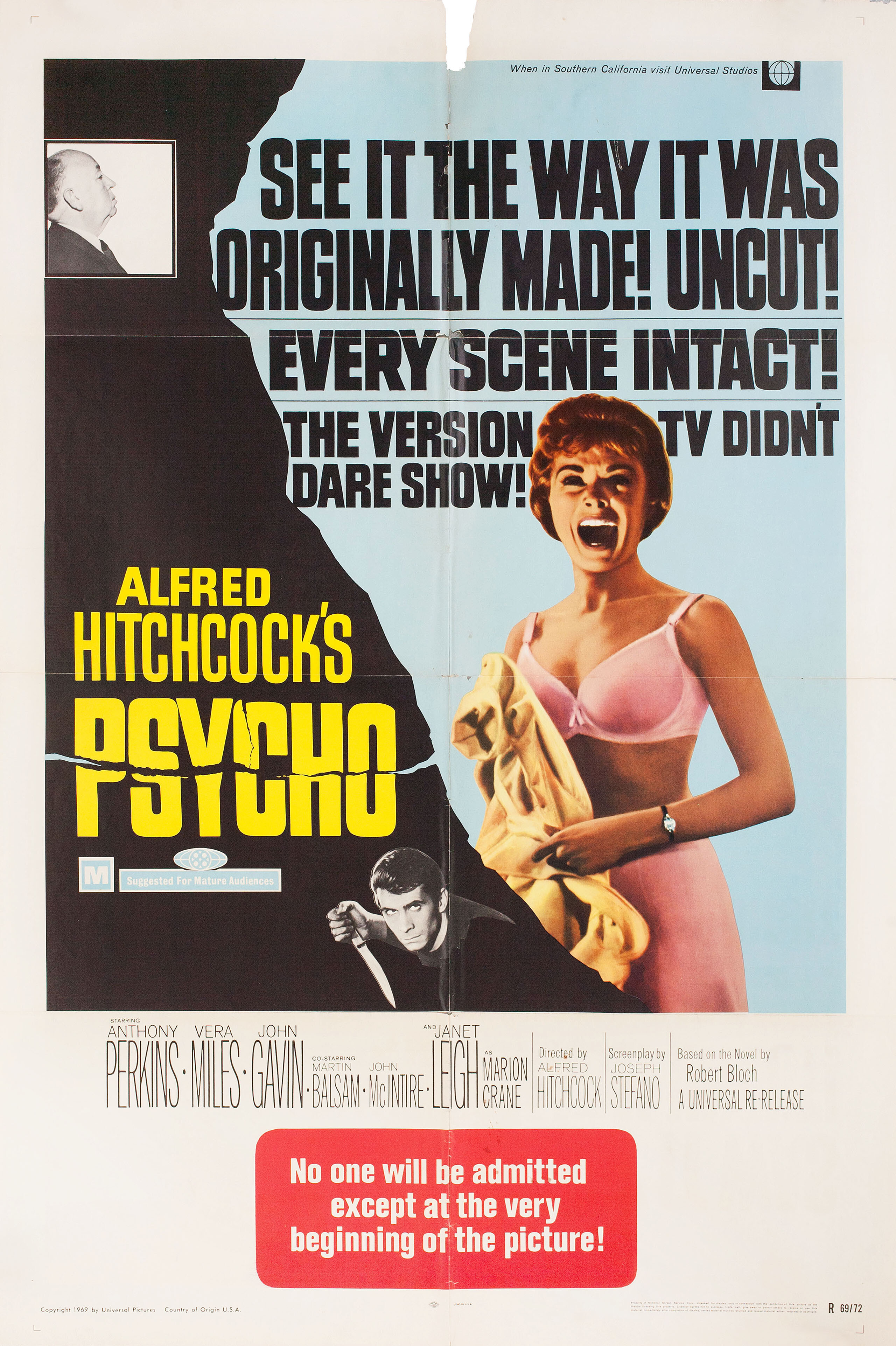Психо (Psycho, 1960), режиссёр Альфред Хичкок, американский постер к фильму (ужасы, 1969 год) (5)