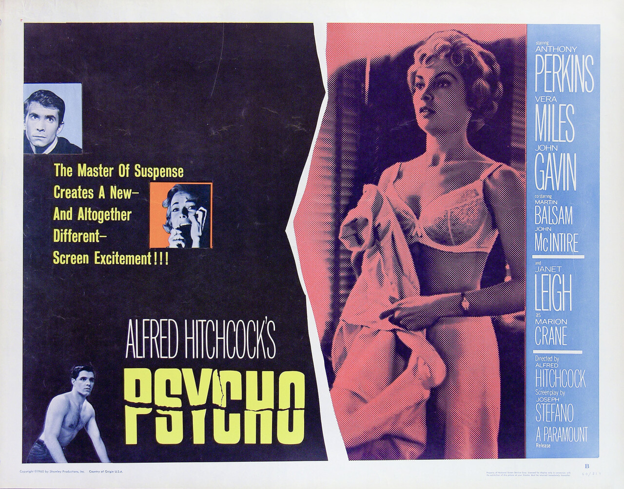 Психо (Psycho, 1960), режиссёр Альфред Хичкок, американский постер к фильму (ужасы, 1960 год)
