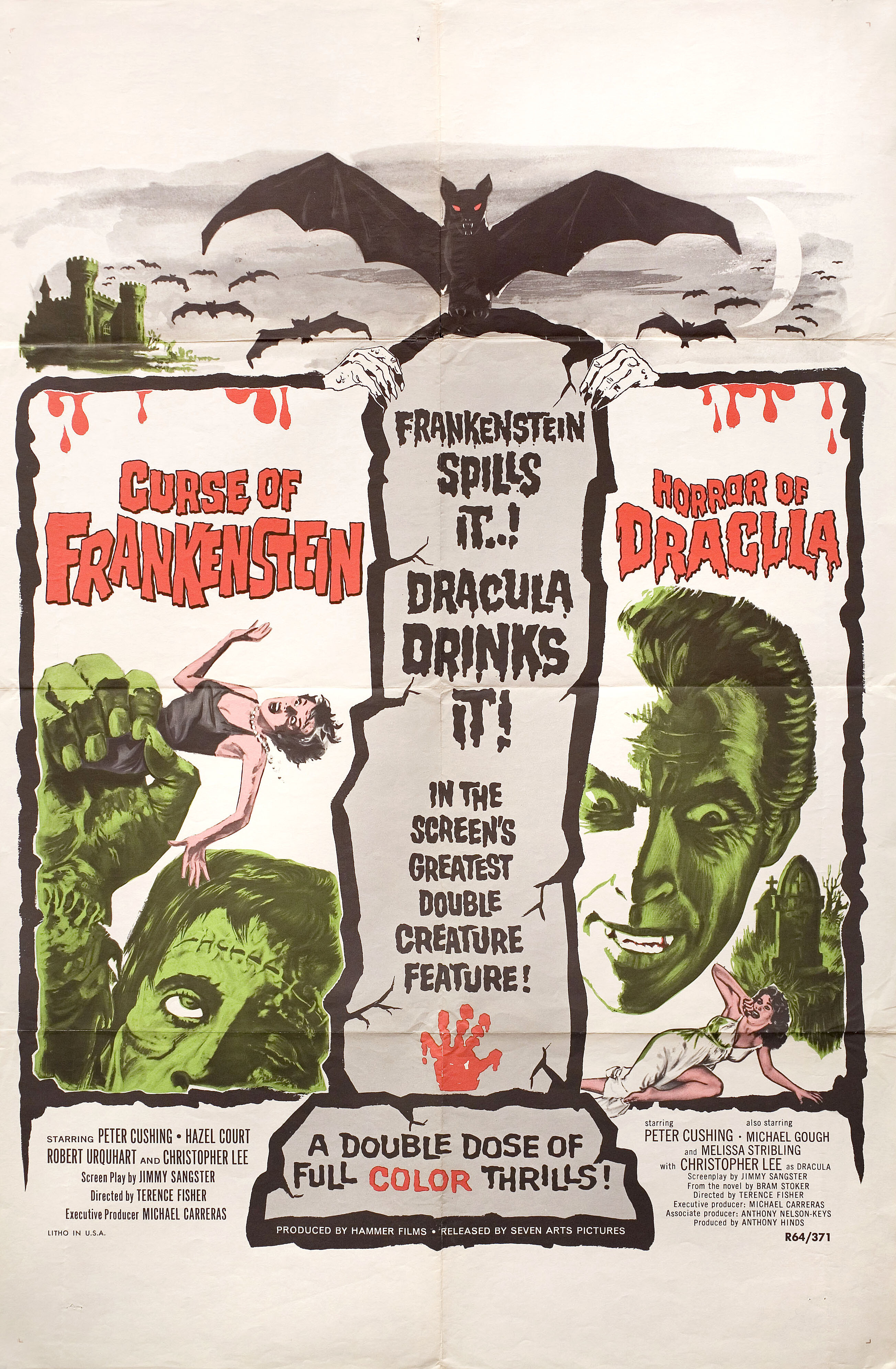 Проклятие Франкенштейна (The Curse of Frankenstein, 1957), режиссёр Теренс Фишер, американский постер к фильму (Hummer horror, 1964 год)