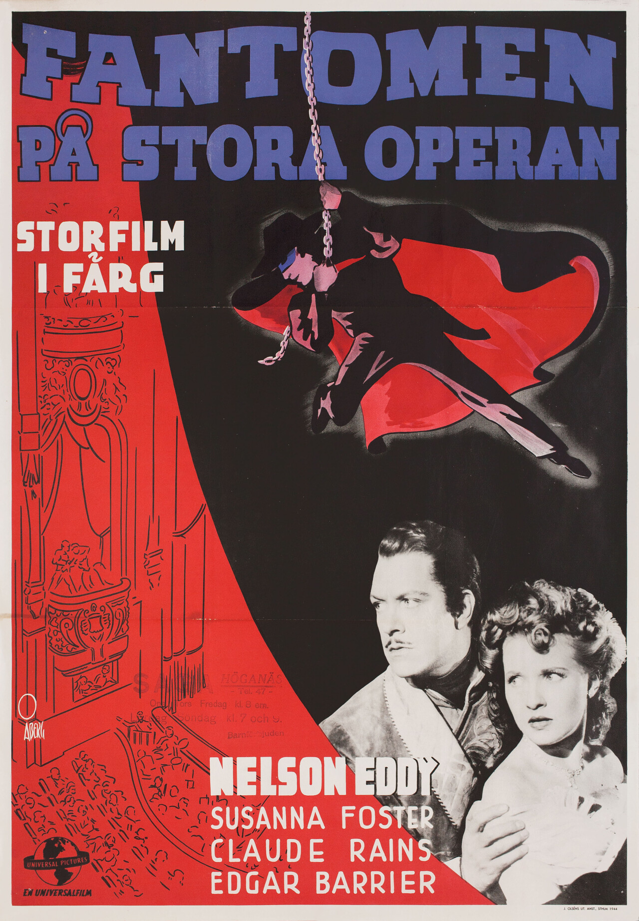 Призрак оперы (Phantom of the Opera, 1943), режиссёр Артур Любин, шведский постер к фильму, автор Госта Аберг (ужасы, 1944 год)