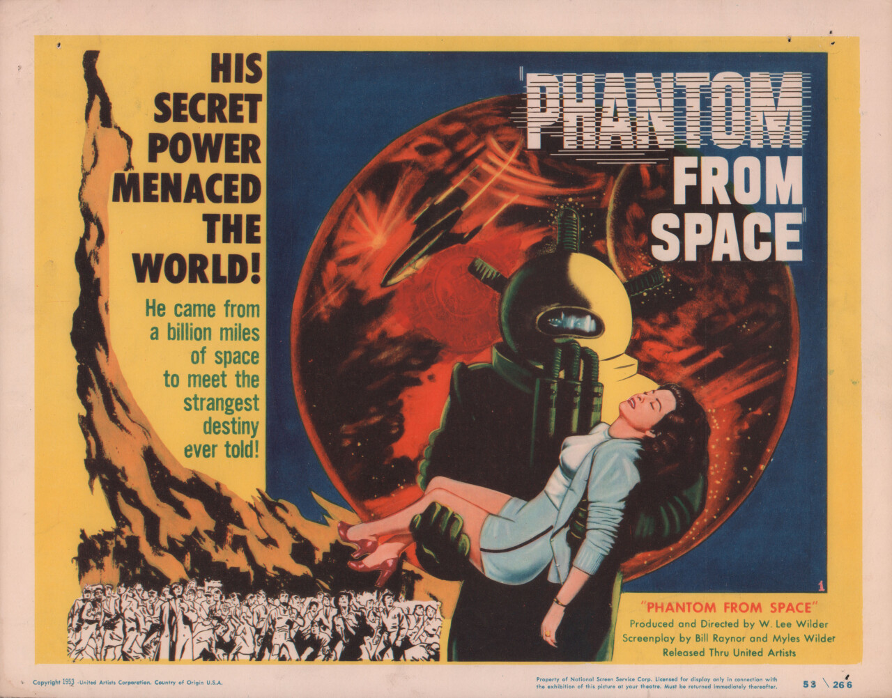 Призрак из космоса (Phantom from Space, 1953), режиссёр У. Ли Уайлдер, американский постер к фильму (ужасы, 1953 год)