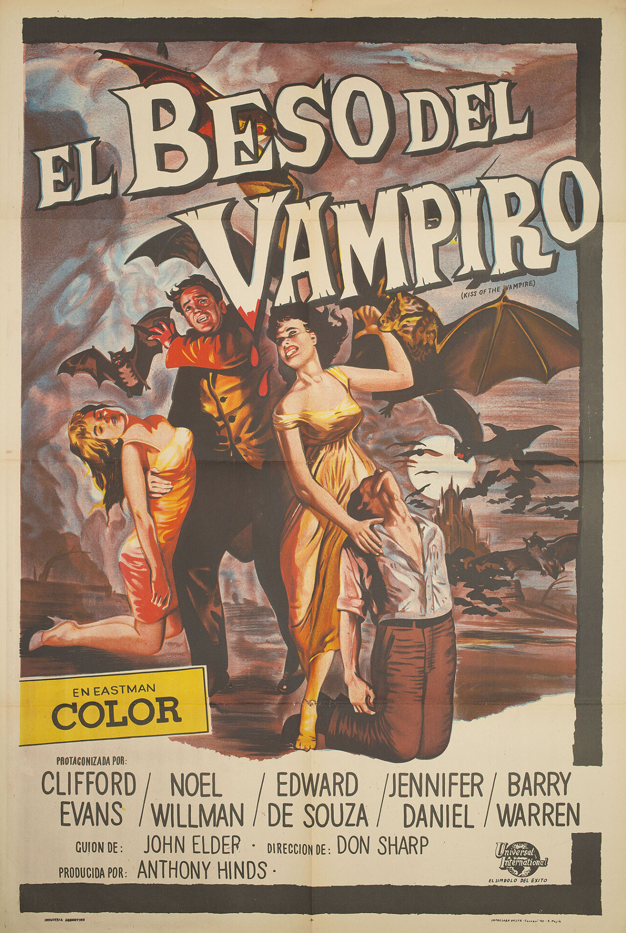 Поцелуй вампира (The Kiss of the Vampire, 1963), режиссёр Дон Шарп, аргентинский постер к фильму (Hummer horror, 1963 год)