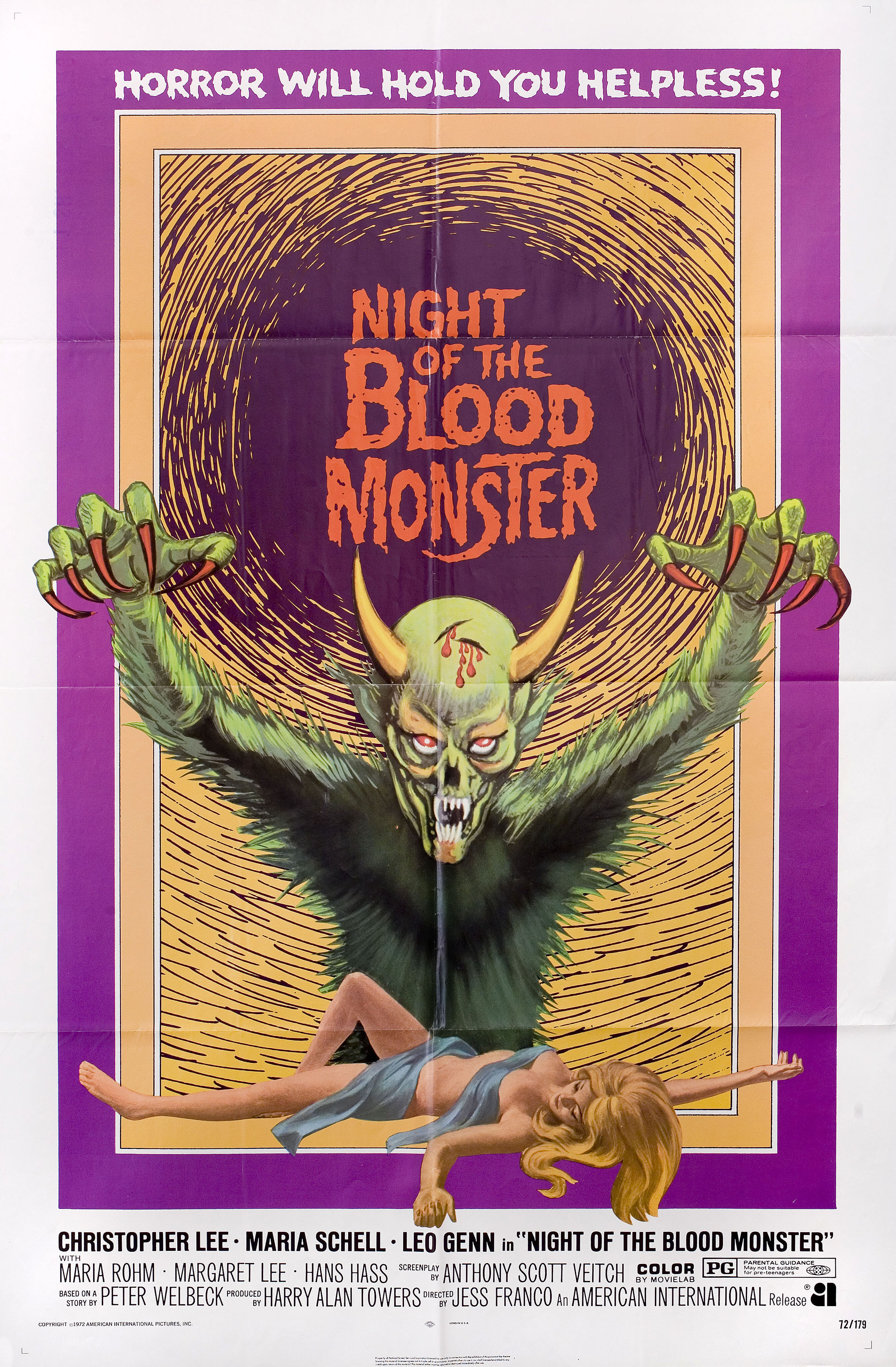 Ночь Кровавого Монстра (Night of the Blood Monster, 1970), режиссёр Хесус Франко, американский постер к фильму (ужасы, 1972 год)