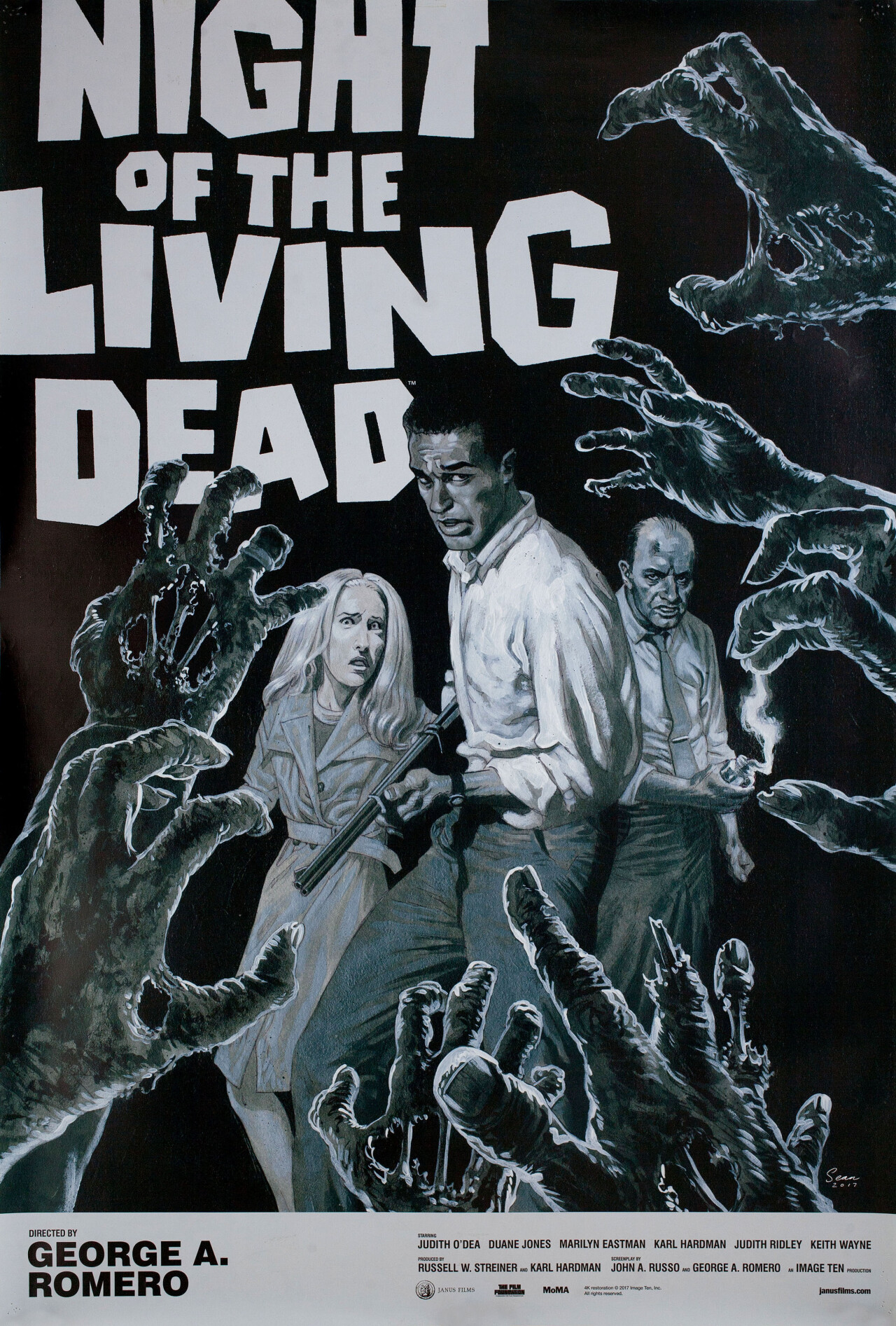 Ночь живых мертвецов (Night of the Living Dead, 1968), режиссёр Джордж А. Ромеро, американский постер к фильму, автор Шон Филлипс (ужасы, 2017 год)