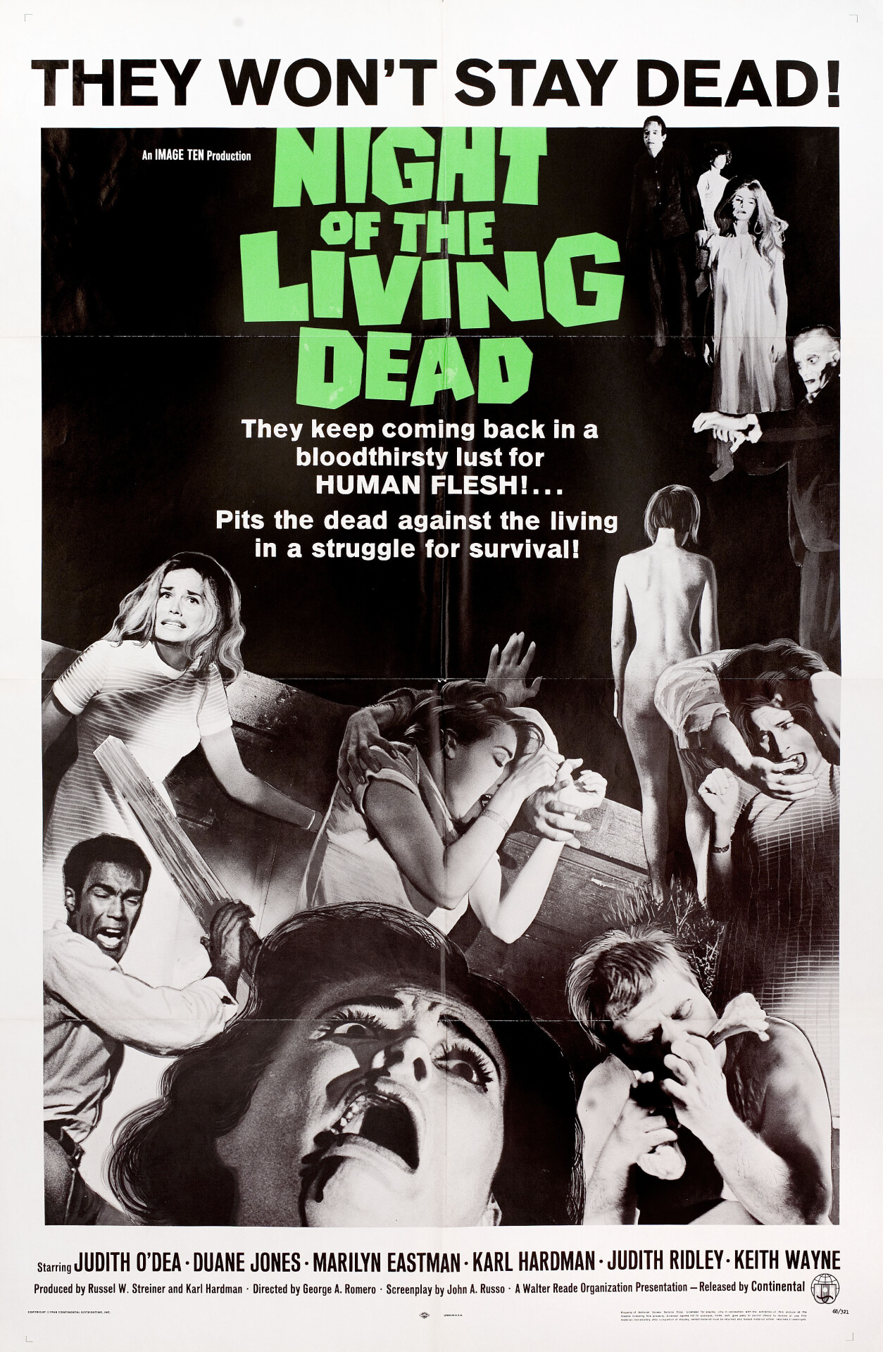 Ночь живых мертвецов (Night of the Living Dead, 1968), режиссёр Джордж А. Ромеро, американский постер к фильму (зомби, 1969 год)