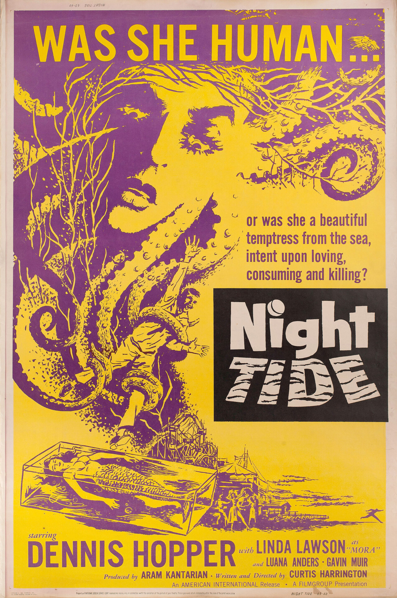 Ночной прилив (Night Tide, 1961), режиссёр Кертис Харрингтон, американский постер к фильму (ужасы, 1963 год)