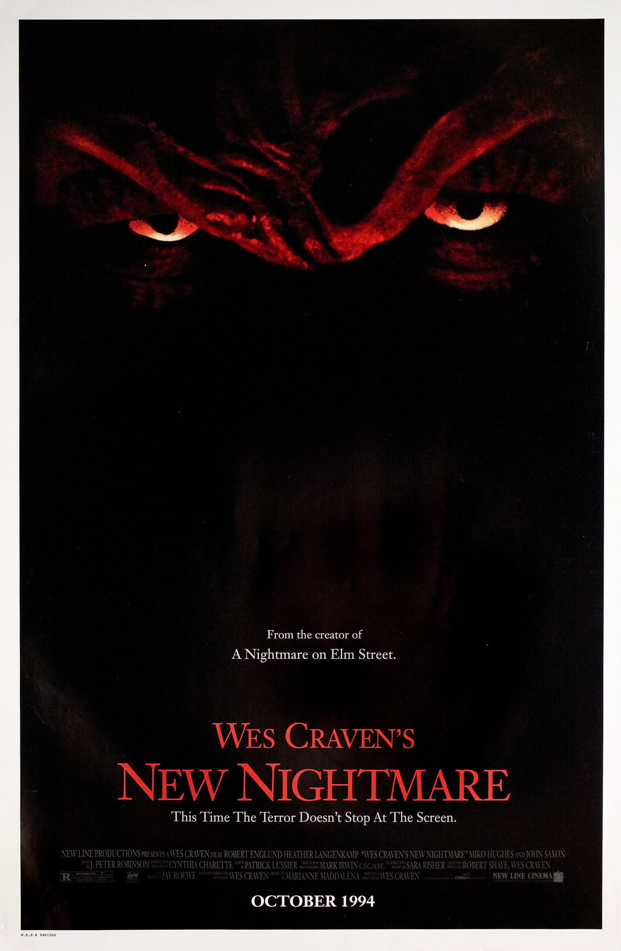 Кошмар на улице Вязов 7: Новый кошмар Уэса Крэйвена (Wes Cravens New Nightmare, 1994), режиссёр Уэс Крэйвен, американский постер к фильму (ужасы, 1994 год)
