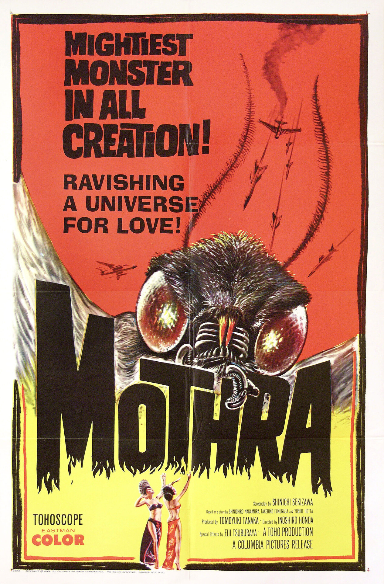 Мотра (Mothra, 1961), режиссёр Иширо Хонда, американский постер к фильму (монстры, 1962 год)