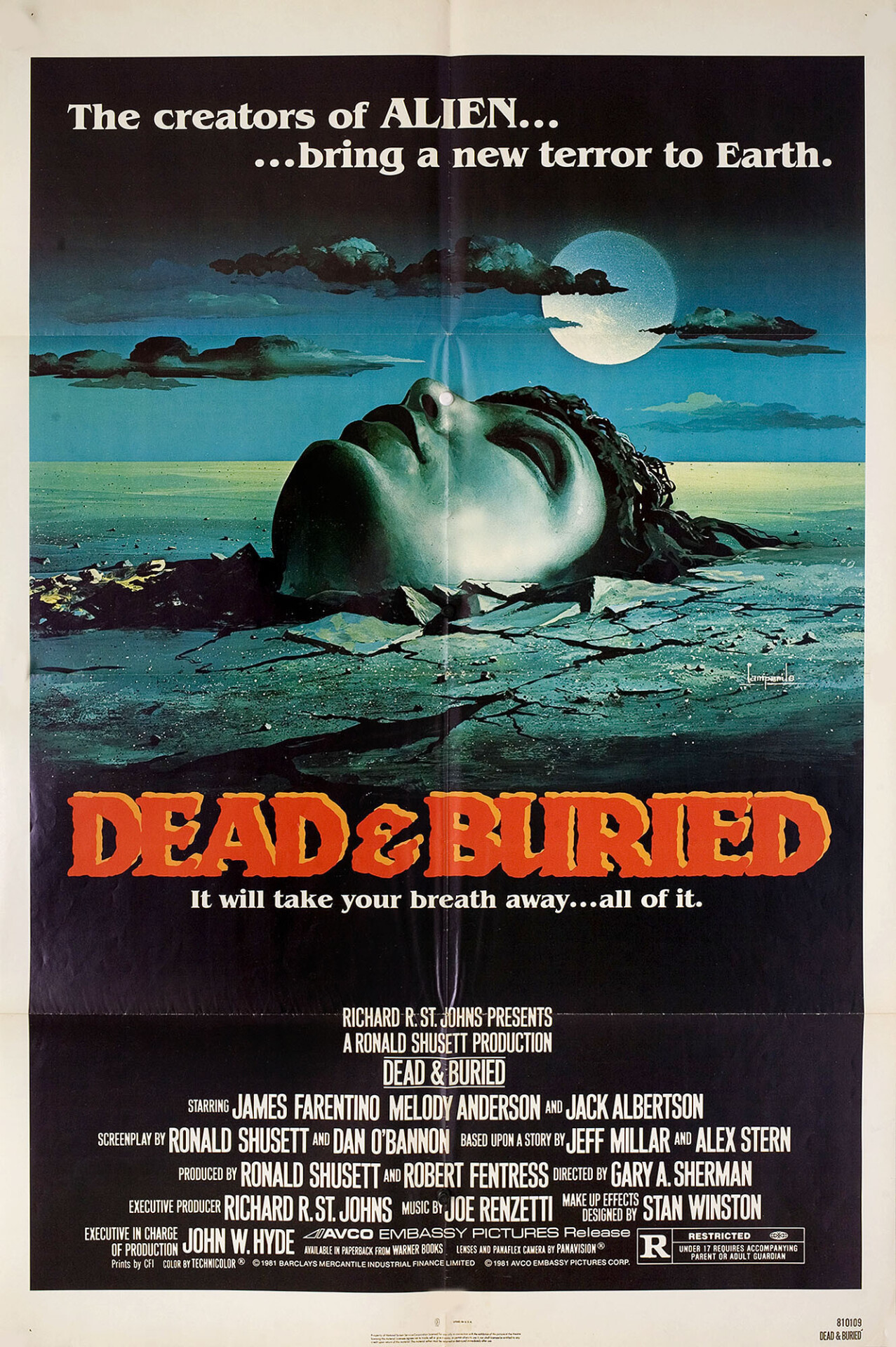 Похоронены, но не мертвы (Dead & Buried, 1981), режиссёр Гэри Шерман, американский постер к фильму, автор Кампанила (ужасы, 1981 год)