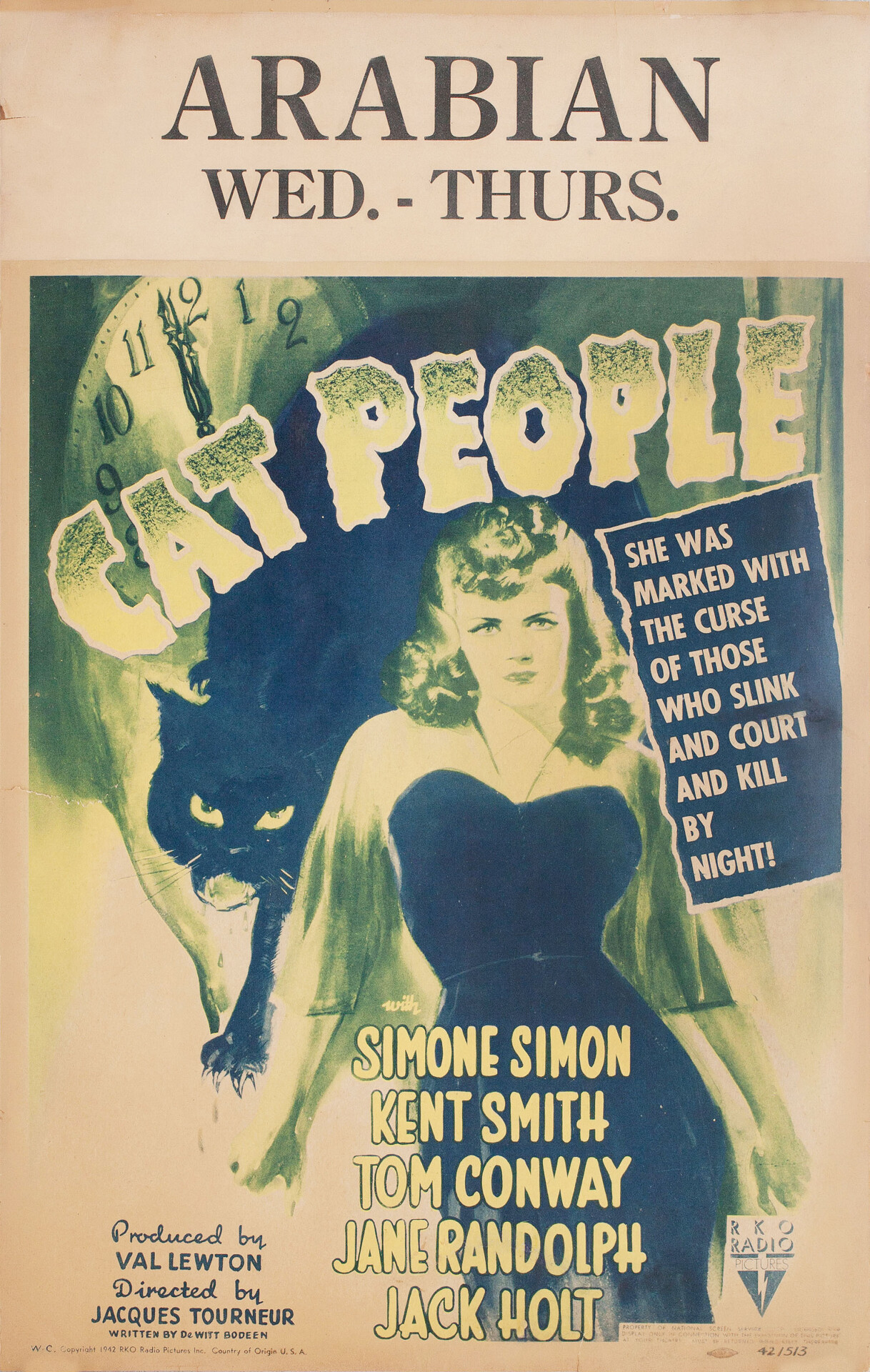 Люди-кошки (Cat People, 1942), режиссёр Жак Турнер, американский постер к фильму (ужасы, 1942 год)