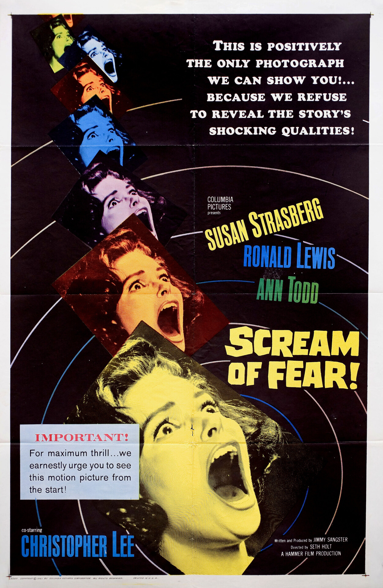 Крик ужаса (Scream of Fear, 1961), режиссёр Сет Холт, американский постер к фильму (Hummer horror, 1961 год)