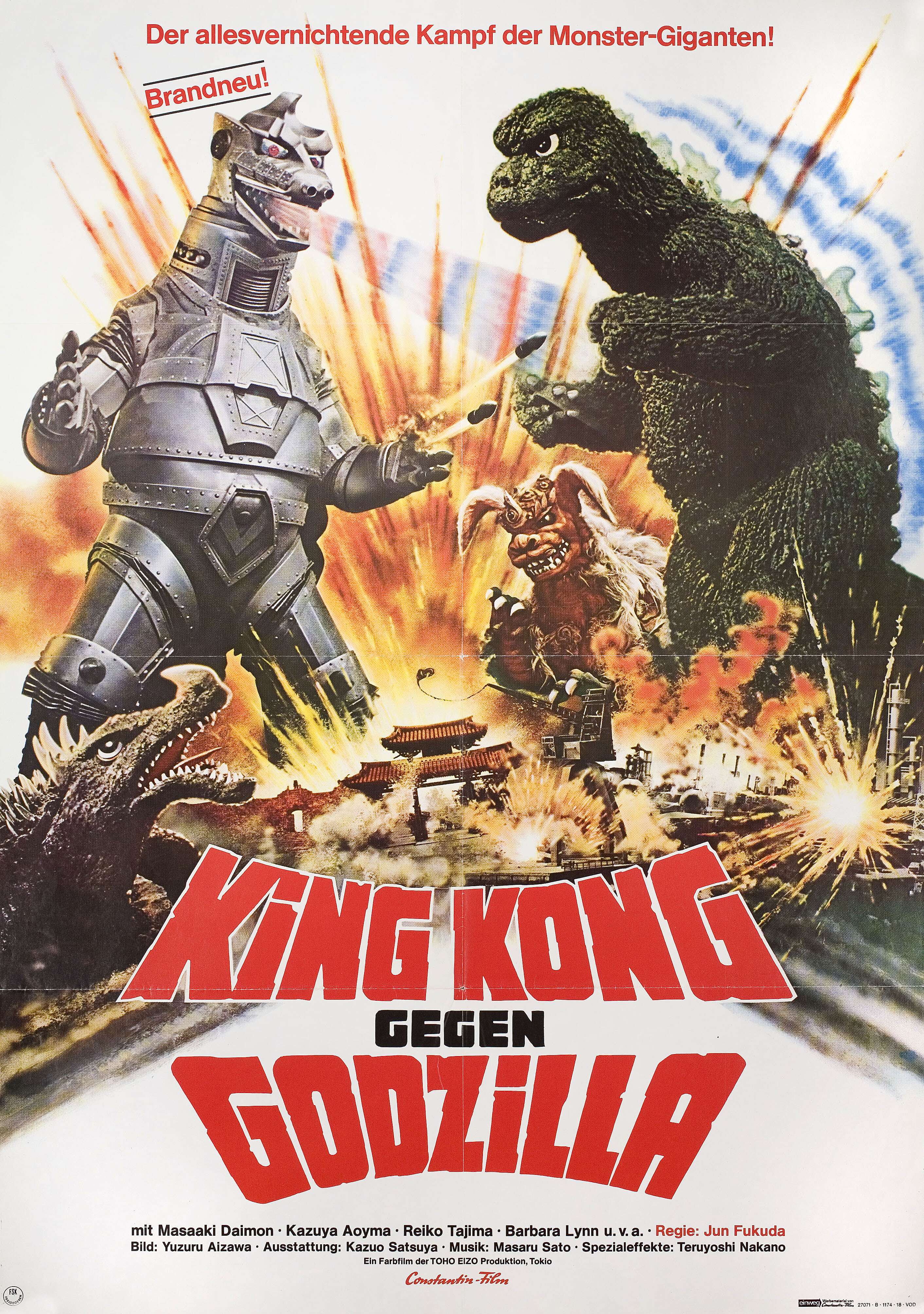 Кинг-Конг против Годзиллы (King Kong vs. Godzilla, 1962), режиссёр Иширо Хонда, немецкий (ФРГ) постер к фильму (монстры, 1963 год)
