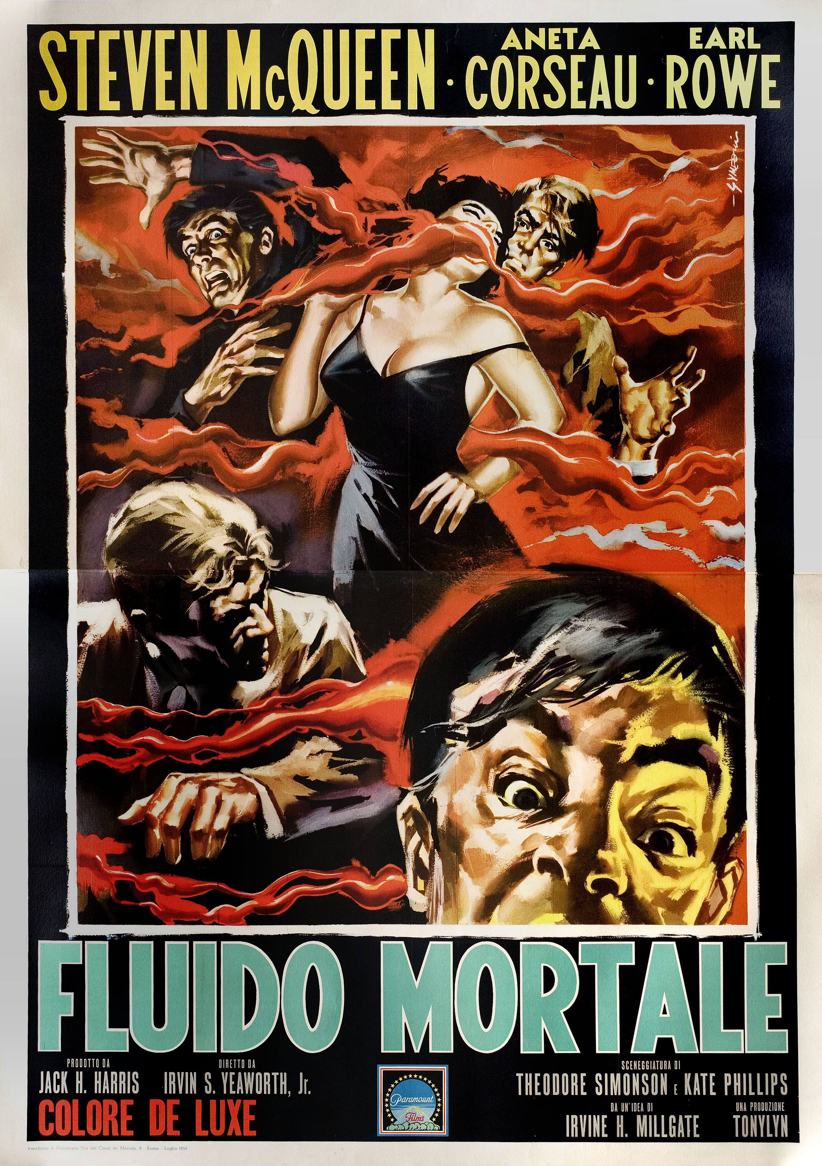 Капля (The Blob, 1958), режиссёр Ирвин С. Йеворт мл., итальянский постер к фильму, автор Сандро Симеони (ужасы, 1959 год)