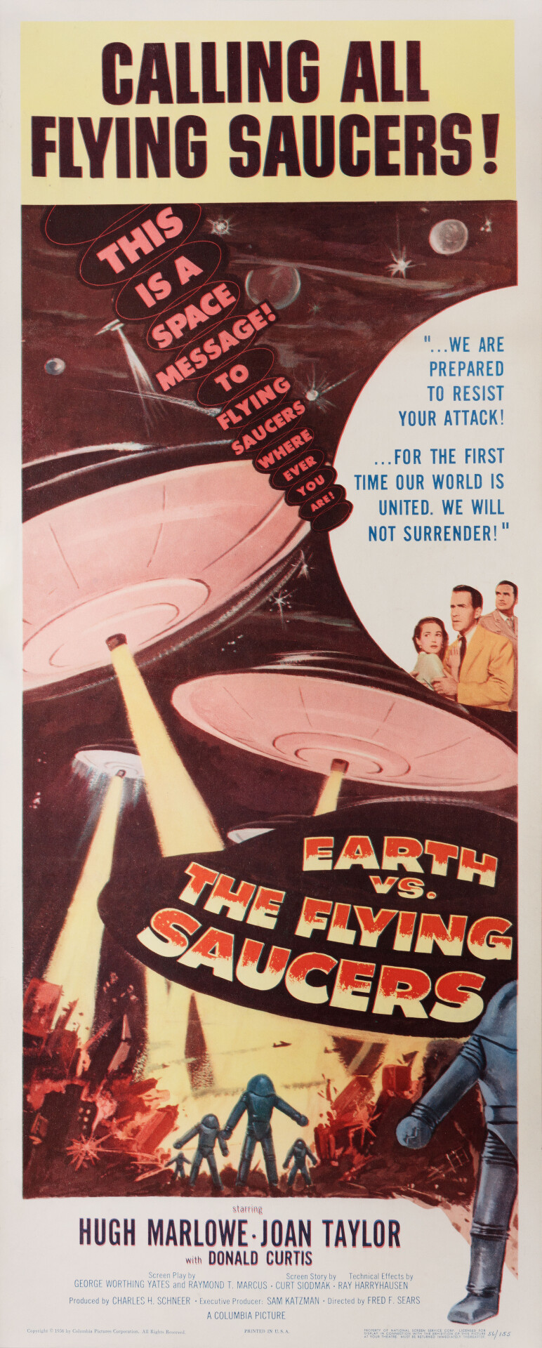 Земля против летающих тарелок (Earth vs. the Flying Saucers, 1956), режиссёр Фред Ф. Сирс, американский постер к фильму (ужасы, 1956 год)