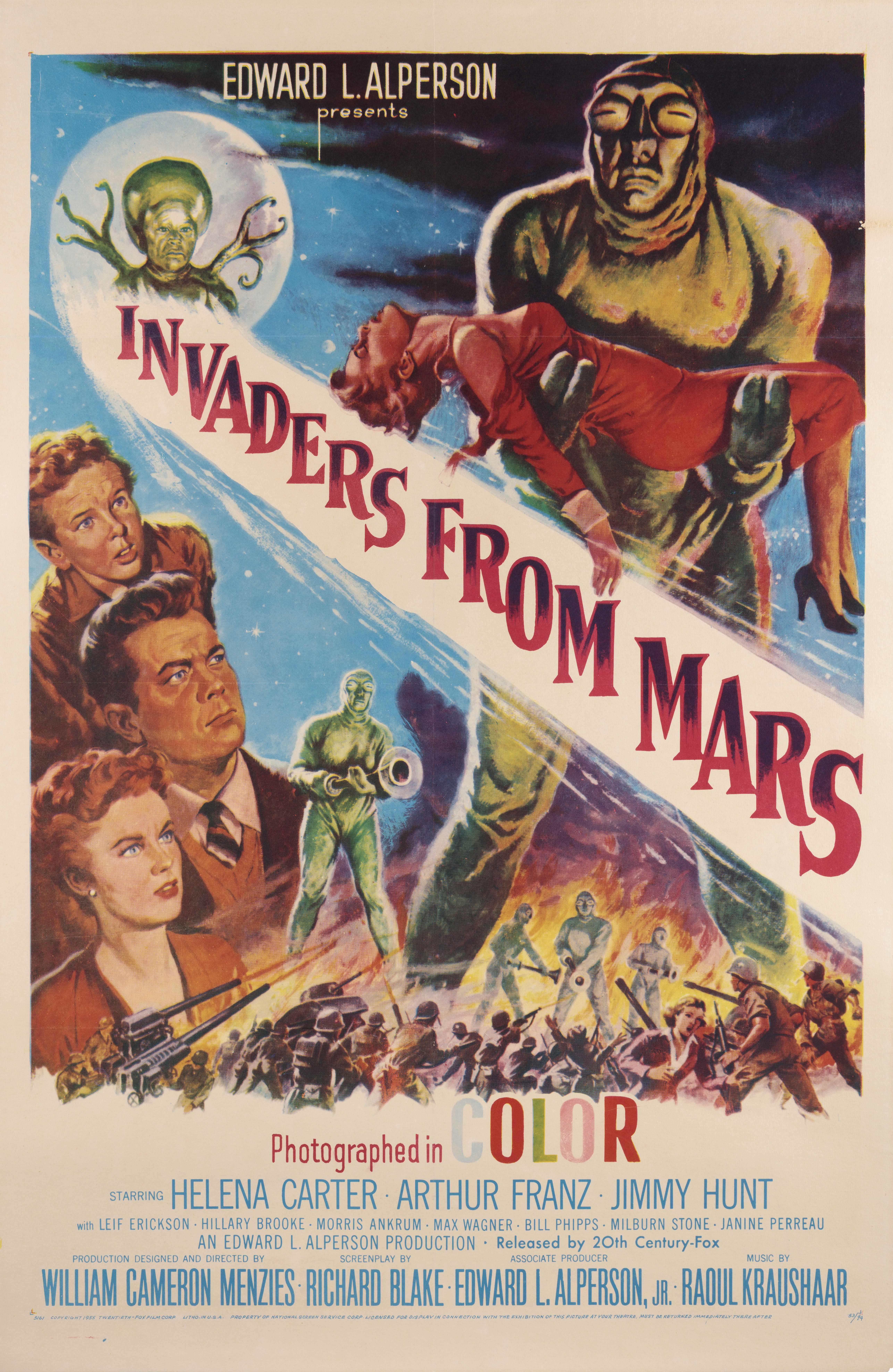 Захватчики с Марса (Invaders from Mars, 1953), режиссёр Уильям Кэмерон Мензис, американский постер к фильму (ужасы, 1955 год)