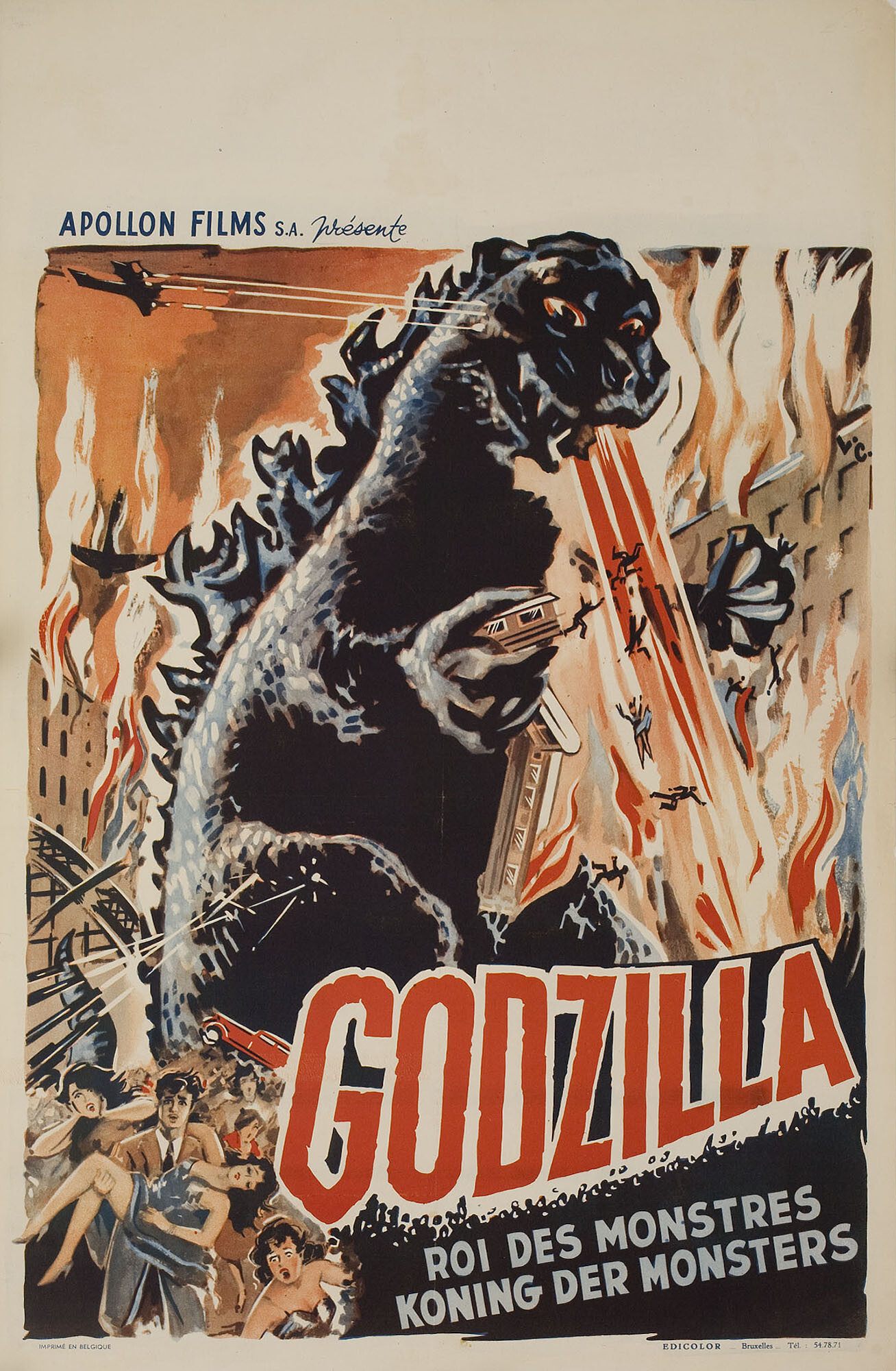 Годзилла (Godzilla, 1954), режиссёр Иширо Хонда, бельгийский постер к фильму (монстры, 1956 год)