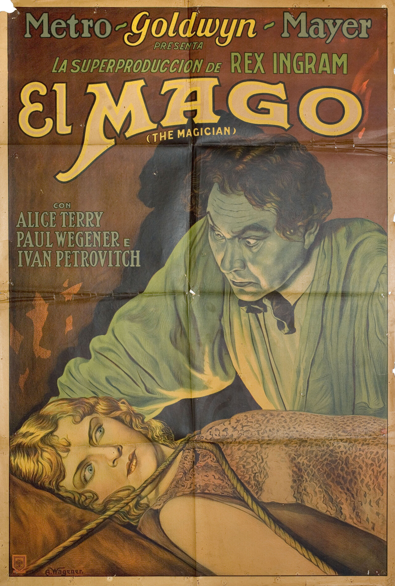 Маг (The Magician, 1926), режиссёр Рекс Ингрэм, аргентинский постер к фильму, автор А. Вагенер (ужасы, 1926 год)