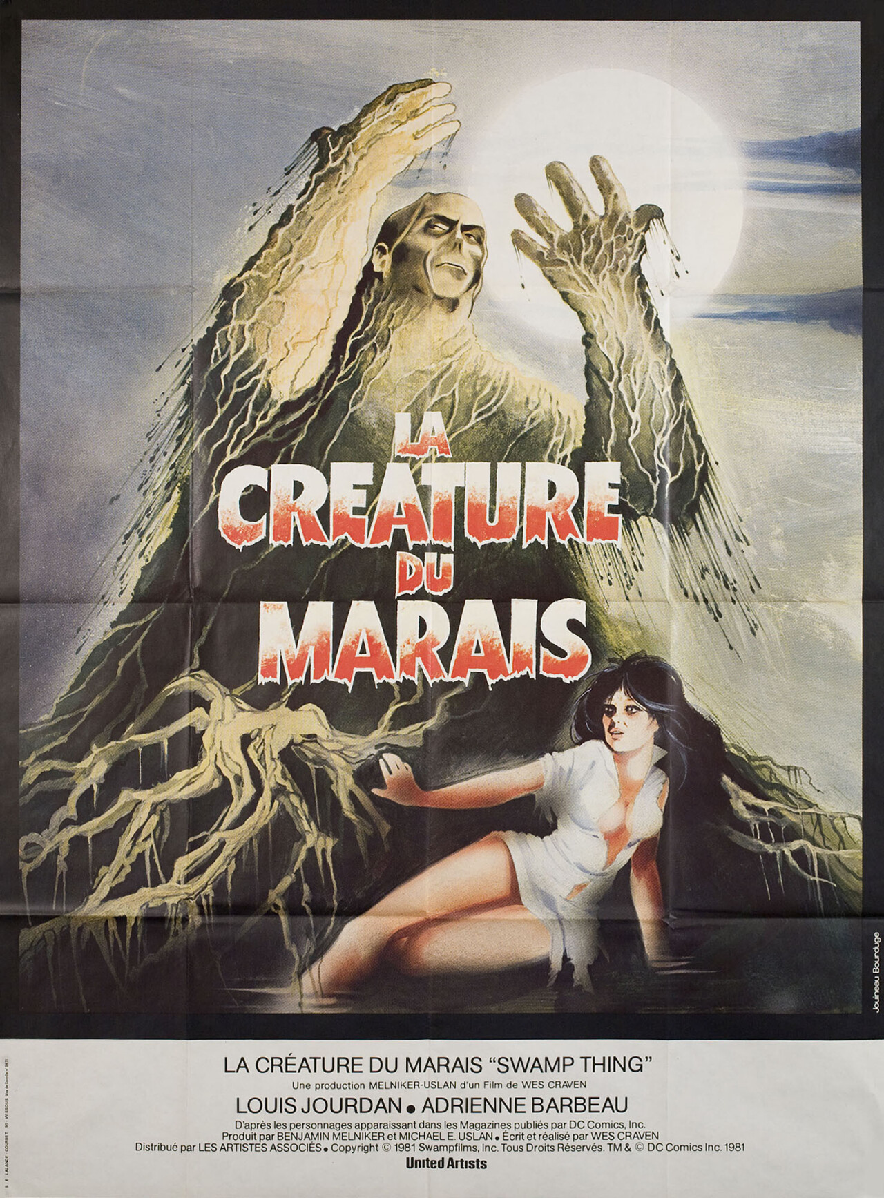 Болотная тварь (Swamp Thing, 1982), режиссёр Уэс Крэйвен, французский постер к фильму, автор Жуино Бурдюж (ужасы, 1982 год)